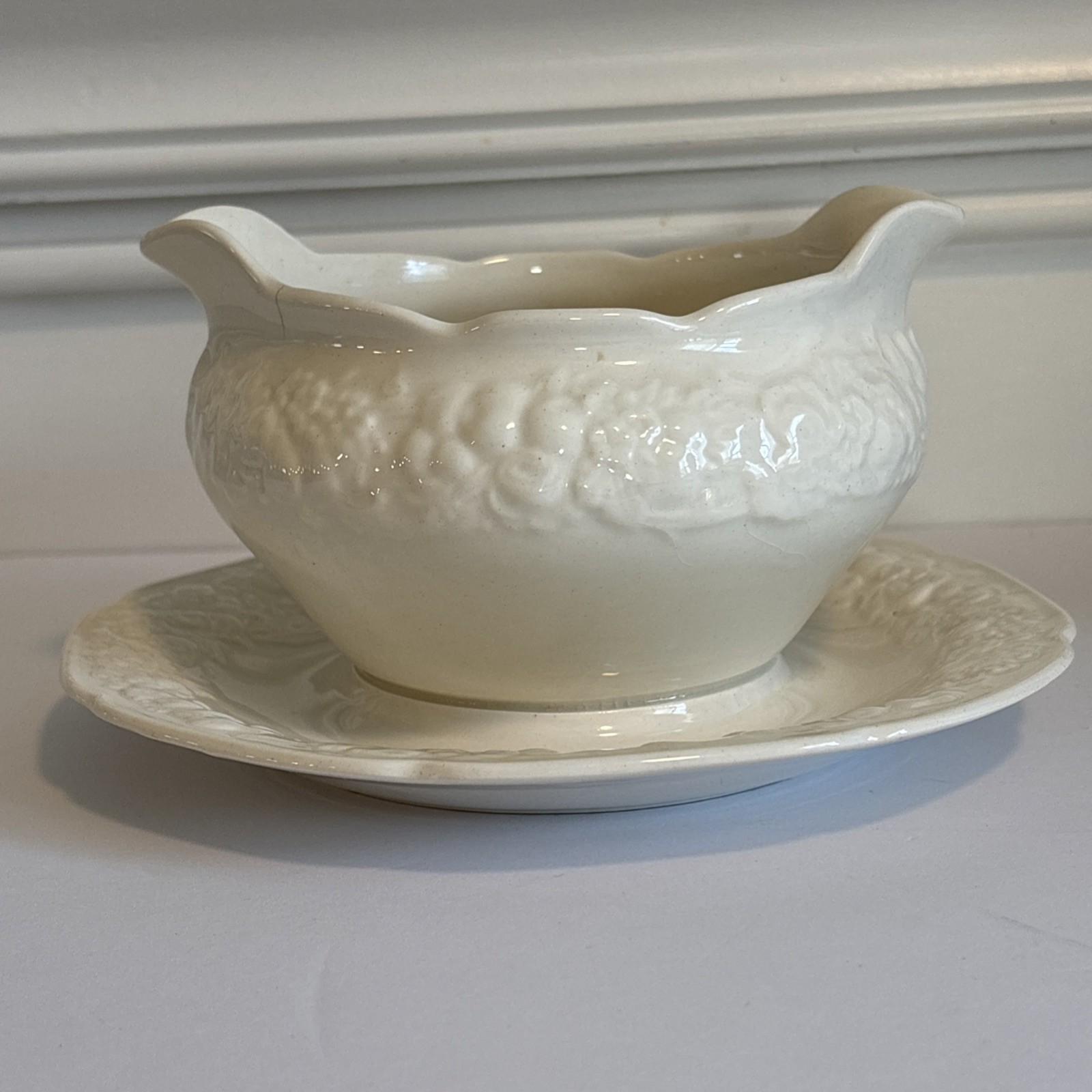 Crown Ducal Florentine Ivory Colored Gravy Boat with Attached Underplate