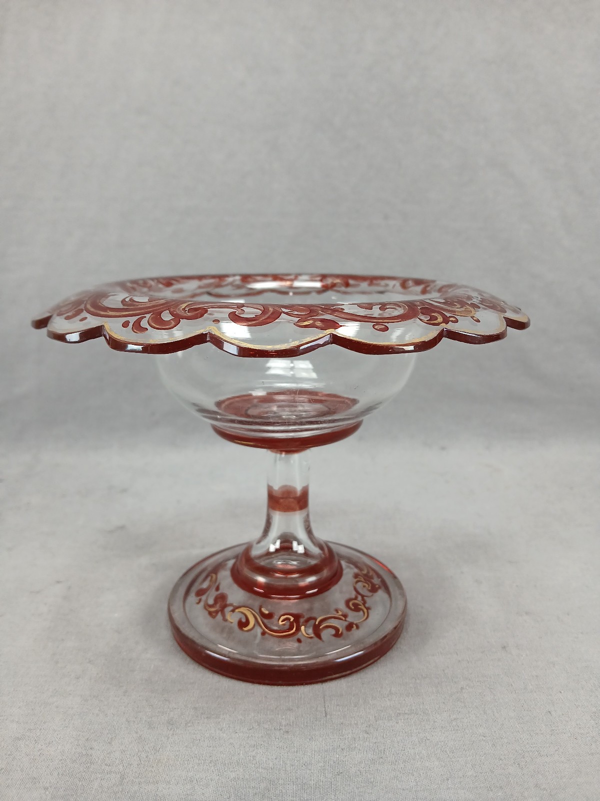Mid 19th Century Bohemian Ruby Stained & Gold Scrollwork 5 1/8 Inch Compote