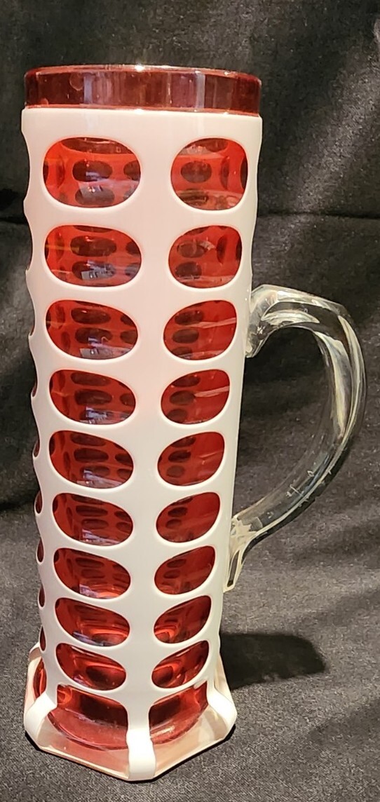 Stunning 9″ Antique Bohemian Cased Cut To Cranberry Bohemian Art Glass Pitcher