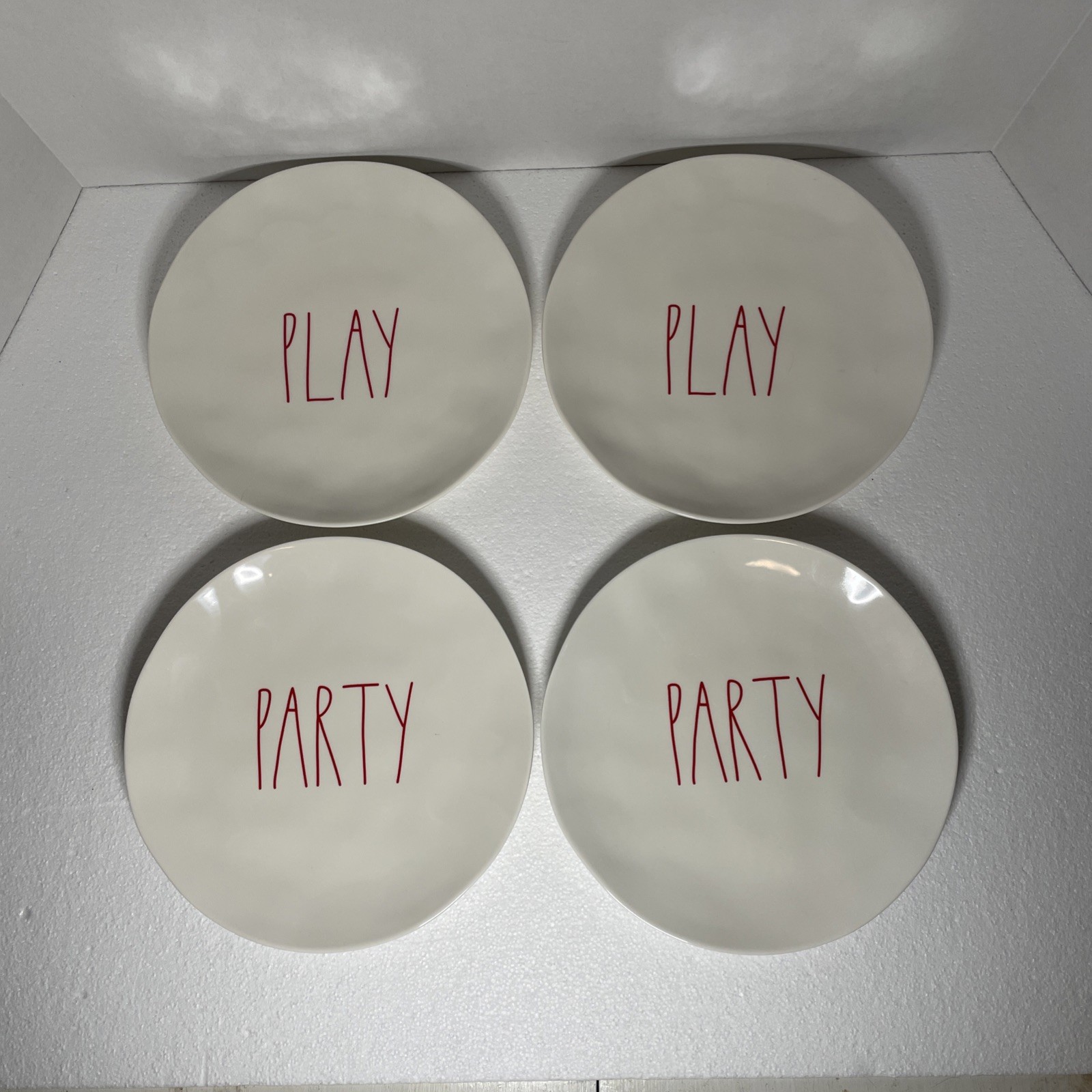 Rae Dunn Plate Set PLAY PARTY Red Letters Melamine Set Of 4