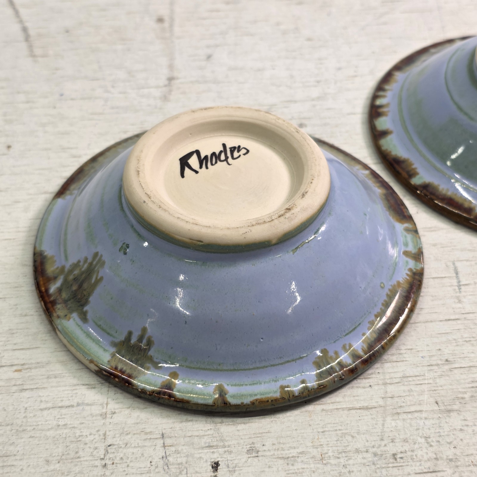 Handmade Studio Pottery Small Bowls Set of 2 Signed Rhodes Drip Glaze 5″ EUC