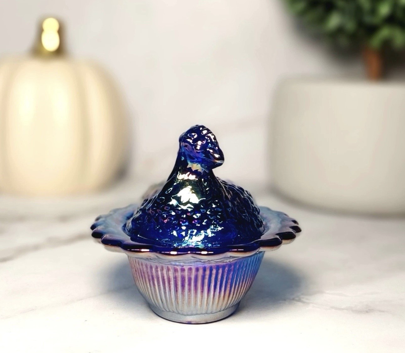 Mosser Cobalt Blue Carnival Glass Hen on Nest Salt Dish, Mini Chicken, VTG Style