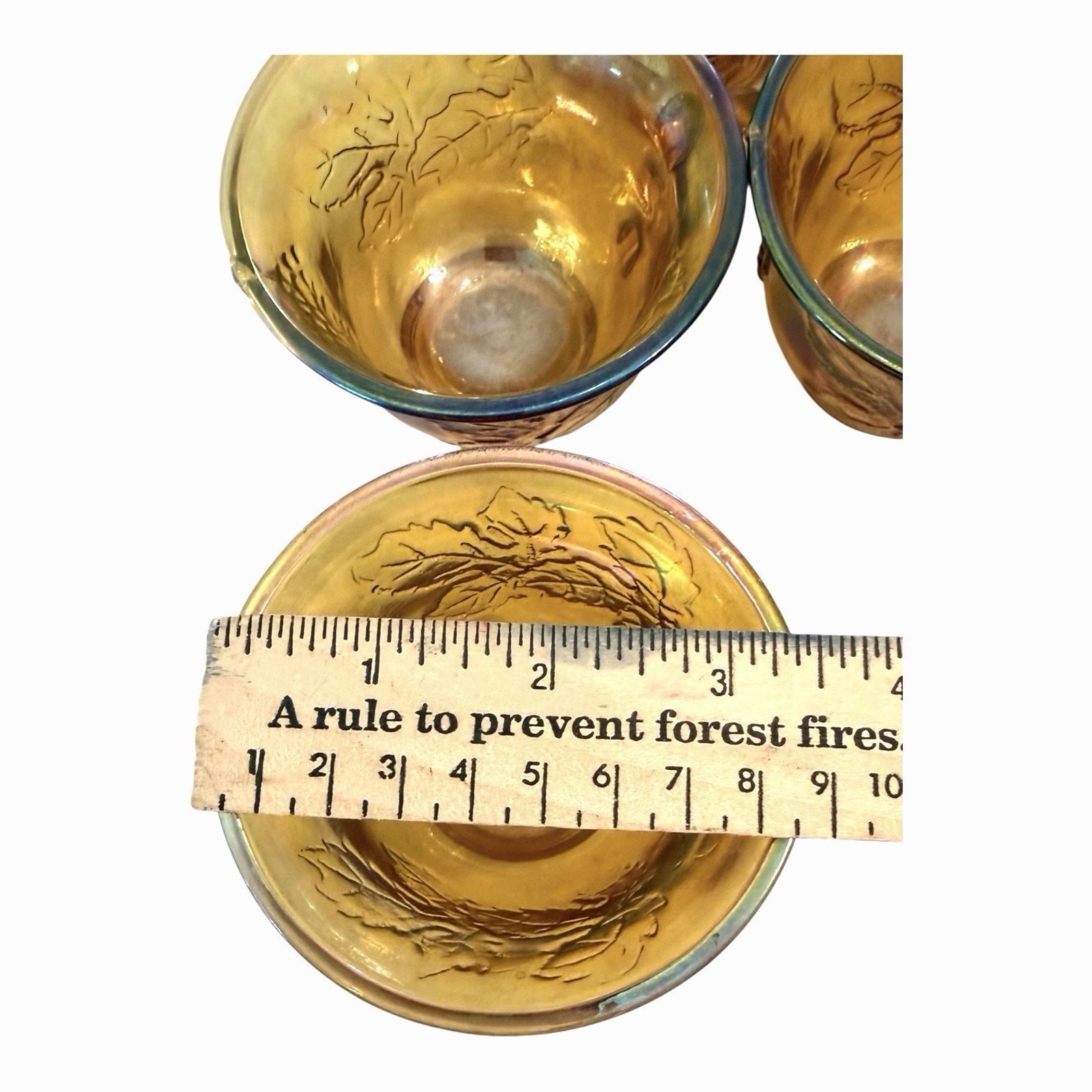 Vintage 6 Carnival Glass Iridescent Amber Punch Bowl Cups Autumn Leaves
