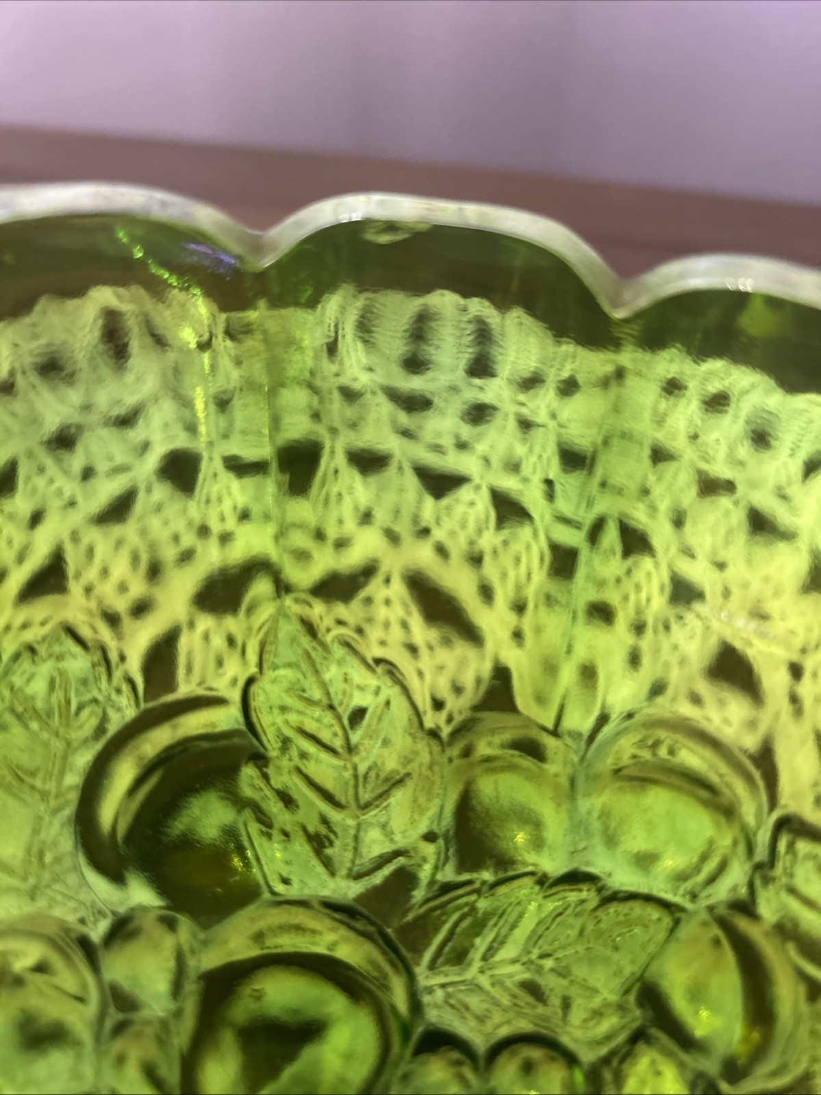 Vintage Indiana Glass Iridescent Green Carnival Glass Footed Oval Fruit Bowl 12”