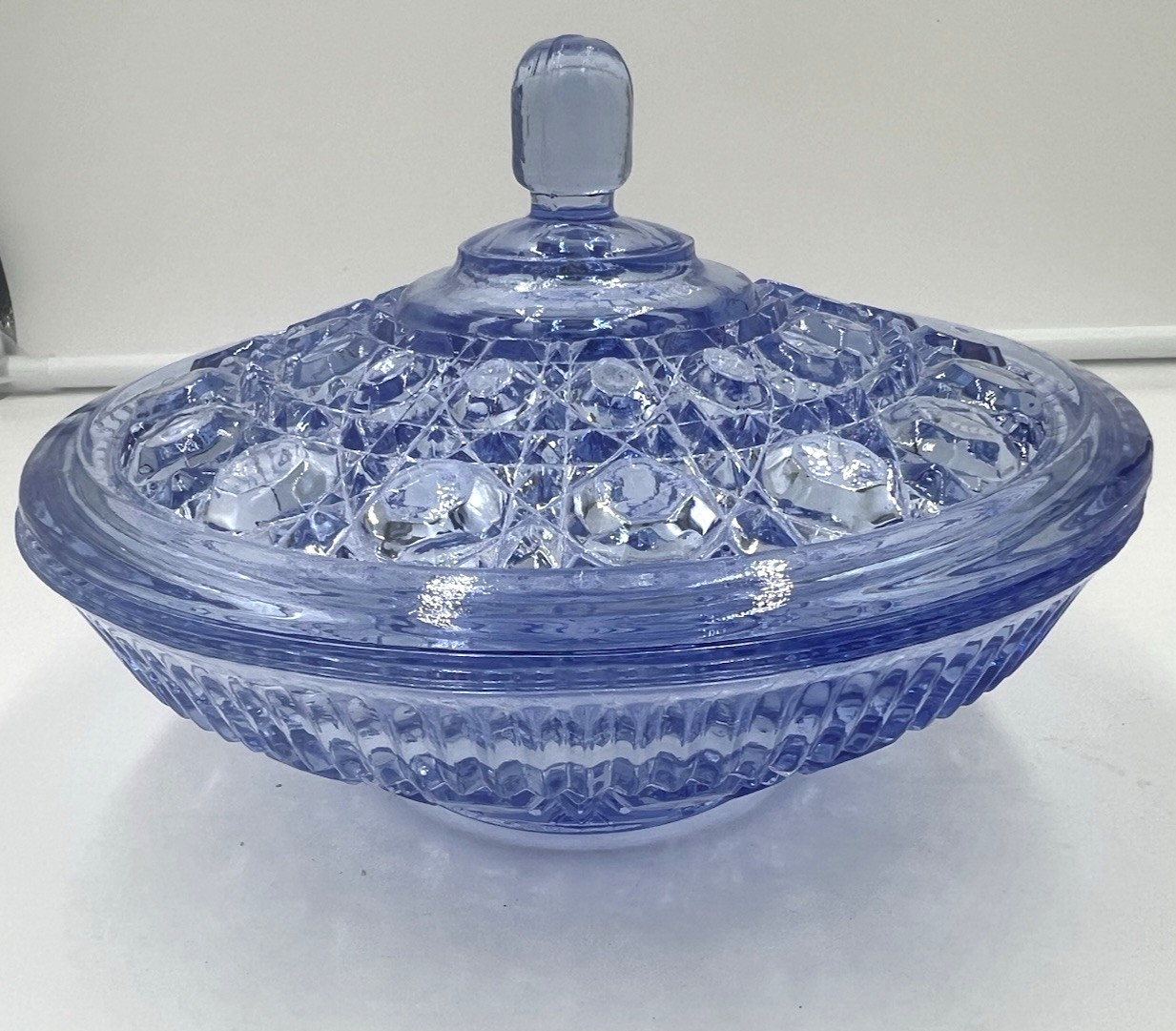 Indiana Glass 7.5 Inches Round Windsor Covered Candy Dish Blue Button Pattern