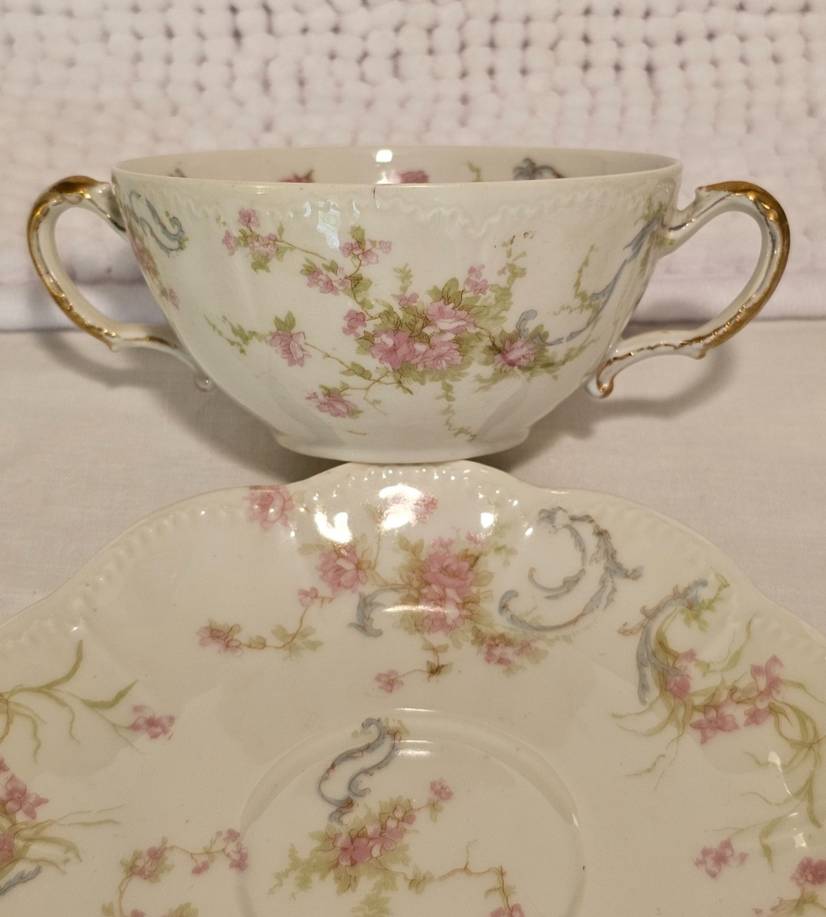 Bouillon cups w/ saucers, set of three, vintage china, Haviland, Cauldon, Pouyat