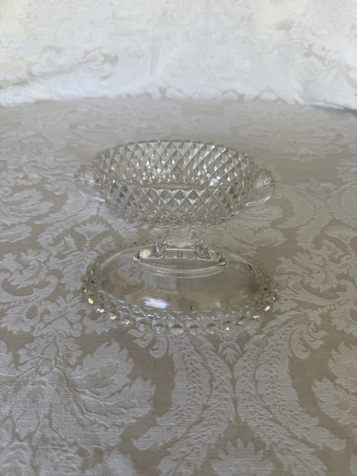 EAPG small serving dish w/lid. Lion handles. Bryce Bros. AMAZON pattern. c. 1890