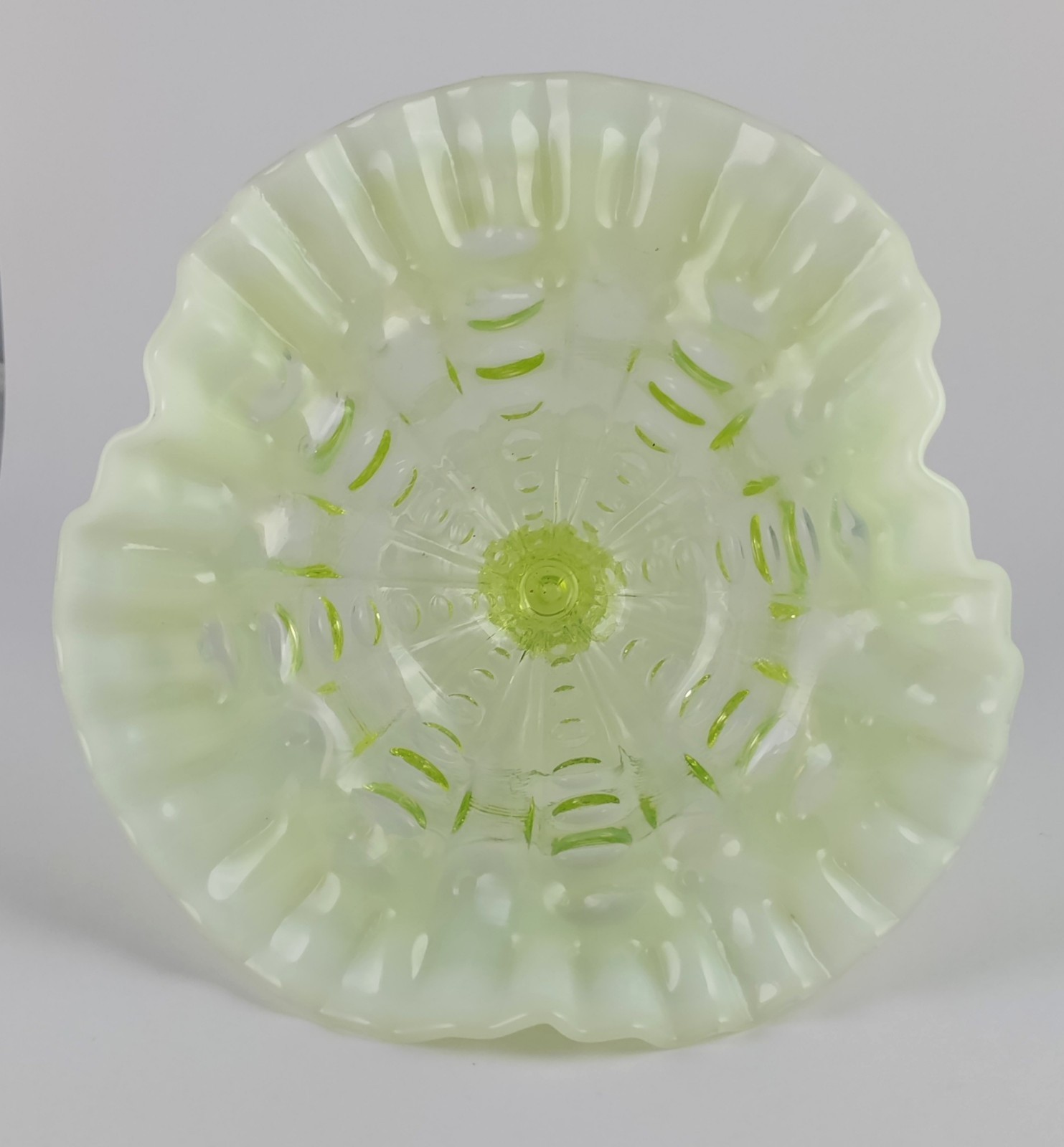 Antique Dugan Canary Opalescent Vaseline Glass Coin Spot Compote UV Glow