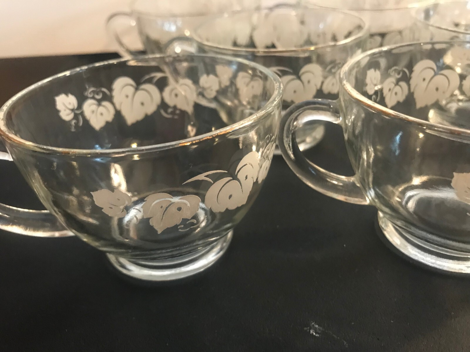 Vintage Glass Gooseberries Print Punch Bowl Set White Leaves with Gold Rim