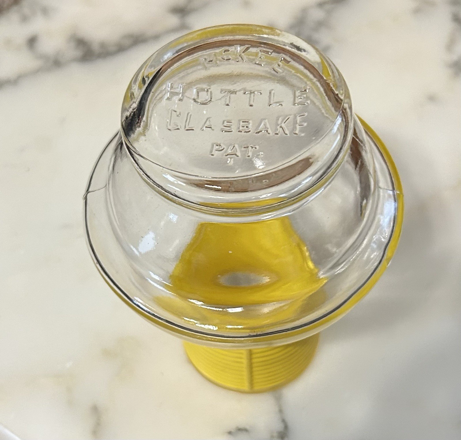 Glasbake Yellow Coffee Hottle Carafe/Decanter/Bottle c1950s USA 6.5″ With Lid