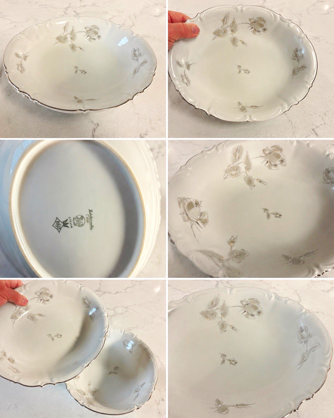 Vintage Hutschenreuther Sylvia Gray Rose Oval Serving Bowls Set of 2 Platinum Tr