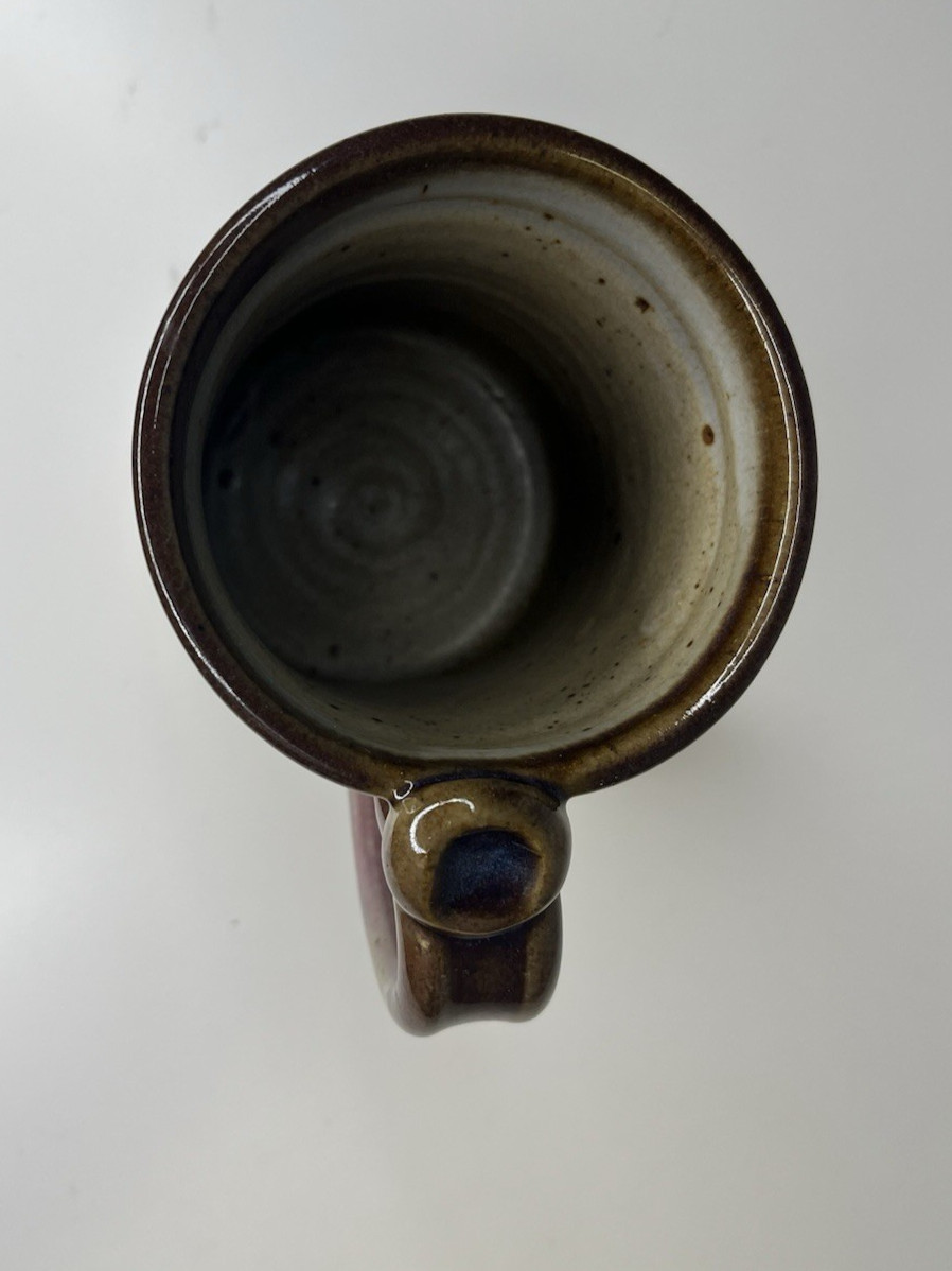 Nichols Pottery Stoneware Mug Variegated Drip Glaze Red Ivory Brown Thumb Rest