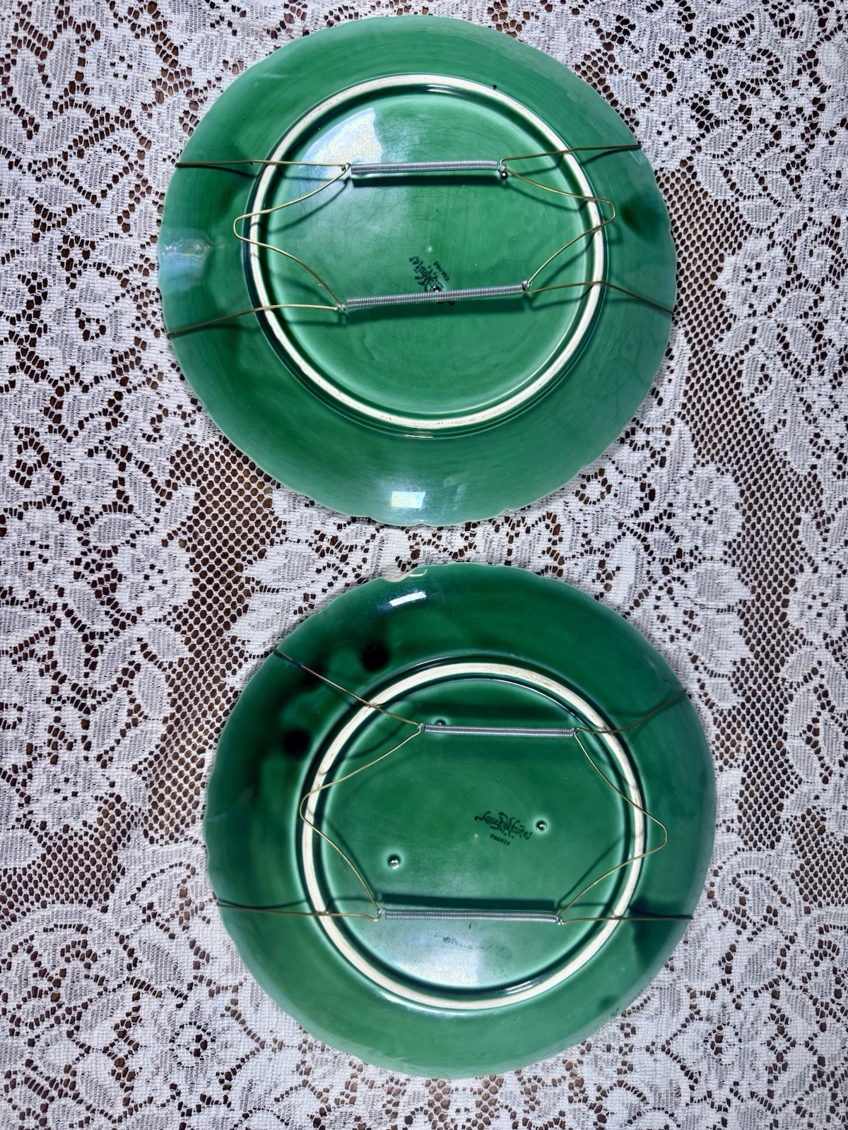 Pair Sarreguemines France Green Majolica Fruit Wall Plates 12” Vintage Decor