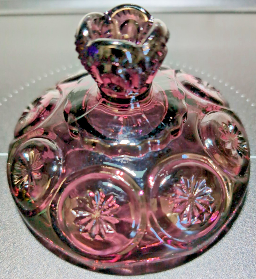 Vintage LE Smith Amethyst Glass Moon & Stars Lidded Compote/Candy Dish 8″
