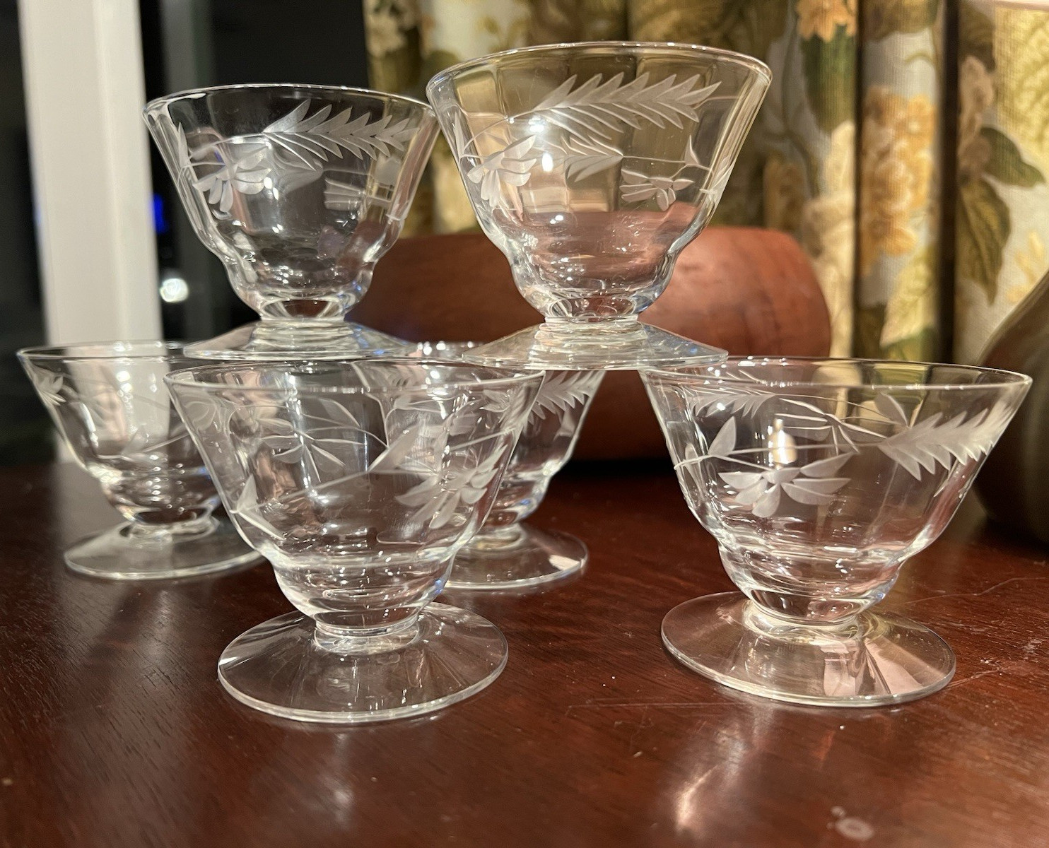 Vintage Wheel-Etched Glass Wheat Motif Dessert Sherbet Cups – Set of 6