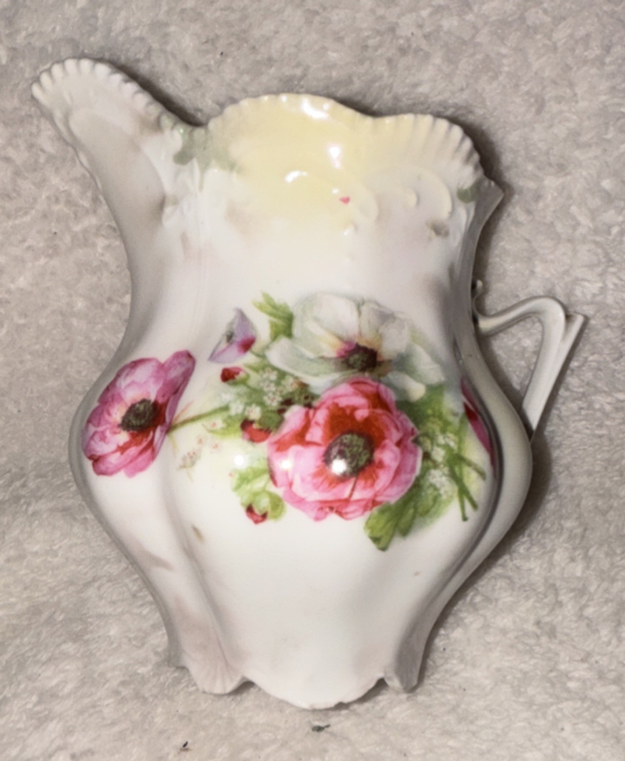 Porcelain Floral Creamer Pitcher Handled White/Pink/Green Glossy Germany