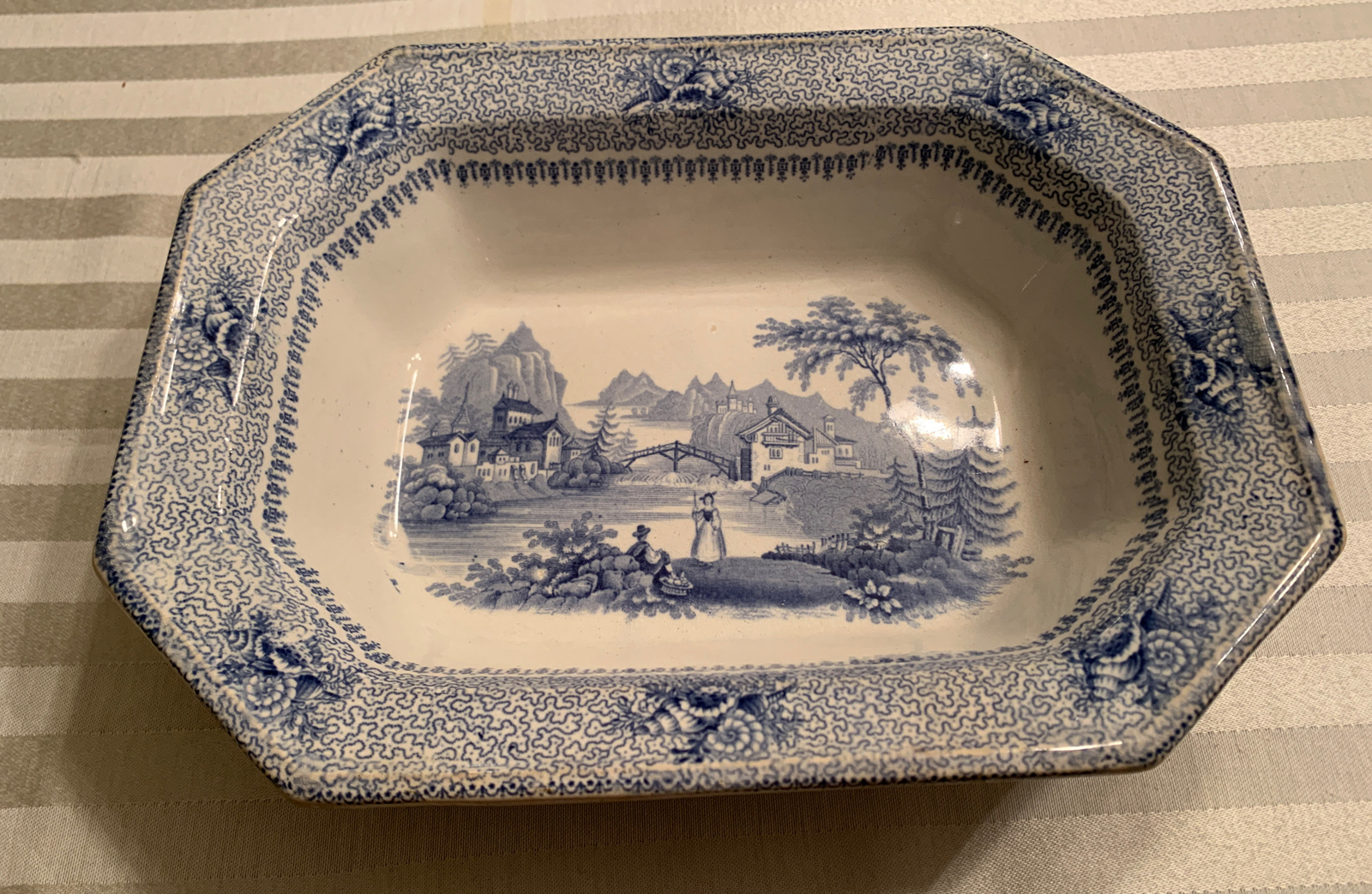 Lucern China Blue & White Lucern Bowl- Outdoor Scene- Man/Women-11 X 9 X 2.