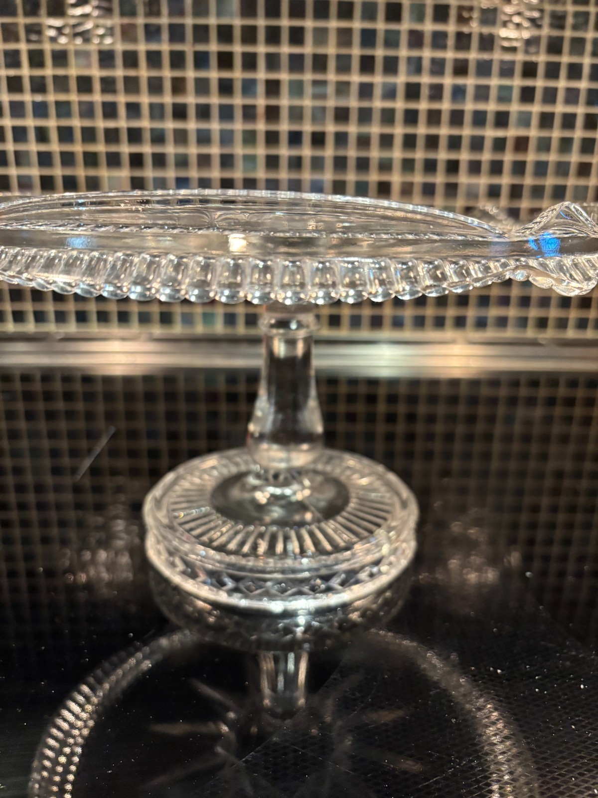 EAPG Brilliant Glass Co Pedestal Cake Stand Aurora Diamond Horseshoe Clear