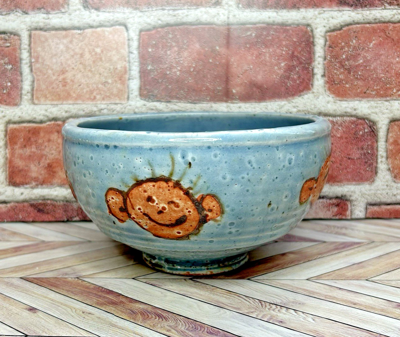 Pottery Bowl Faces Footed Artisan Handmade 6” Diameter 3.5″ Tall Blue Whimsical