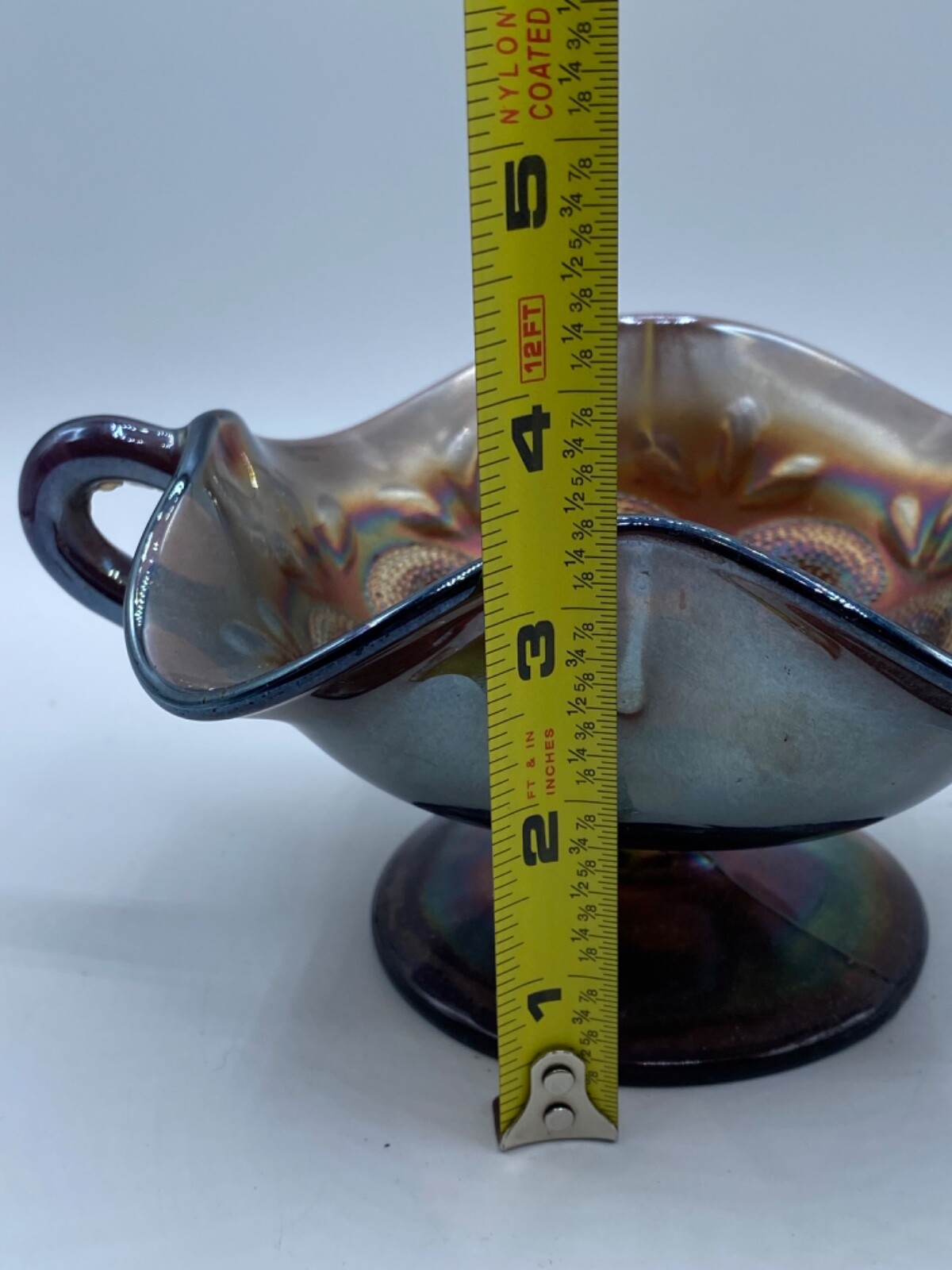 Vintage Amethyst Carnival Glass Two Handled Footed Bonbon Dish 4.5″