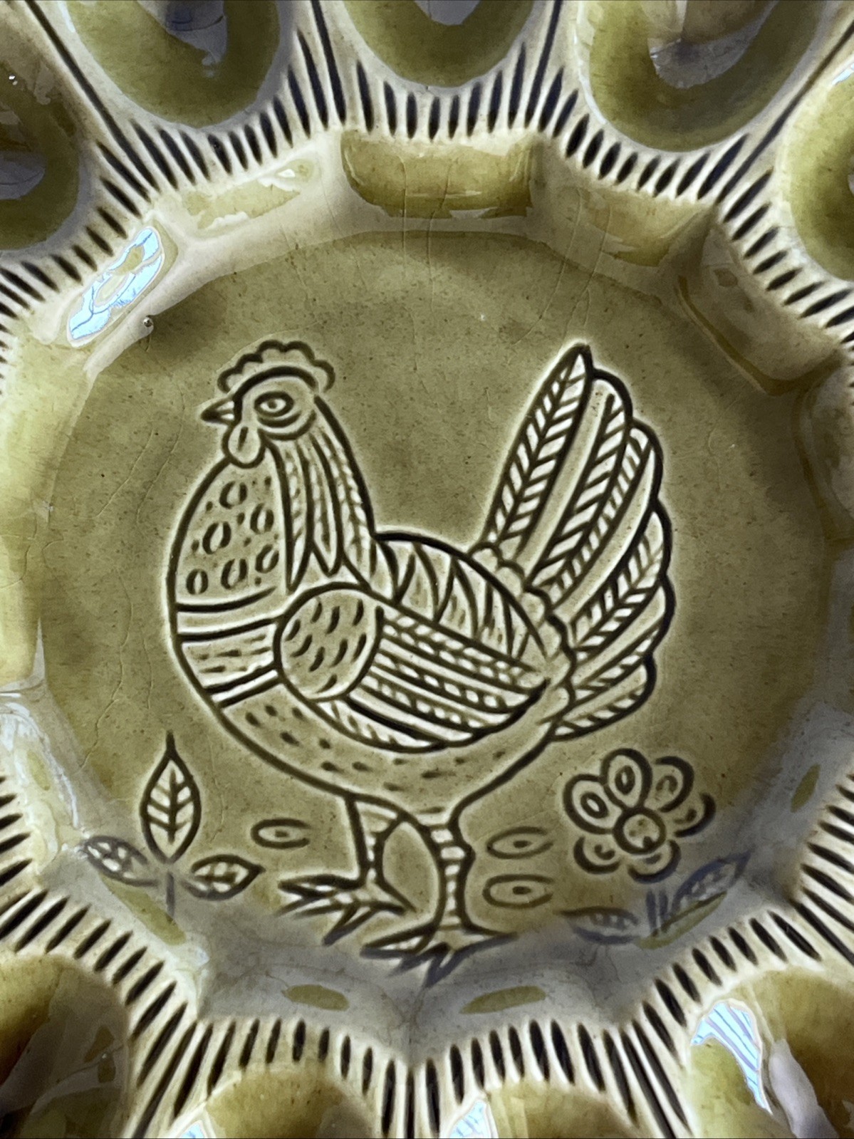 Vtg. California Pottery Deviled Egg Platter Olive Green Hen Chicken S29 USA