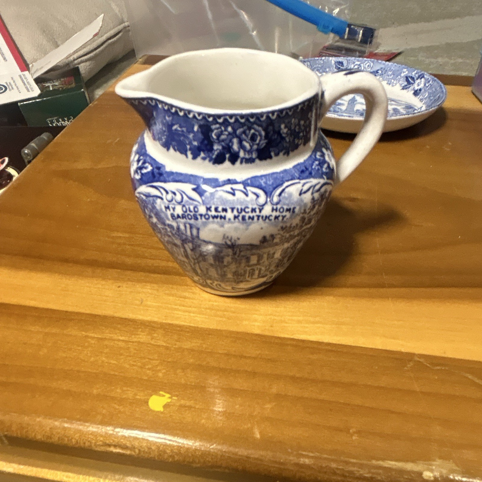 Adams My Old Kentucky Home Creamer & Saucer Set Blue White Ceramic England