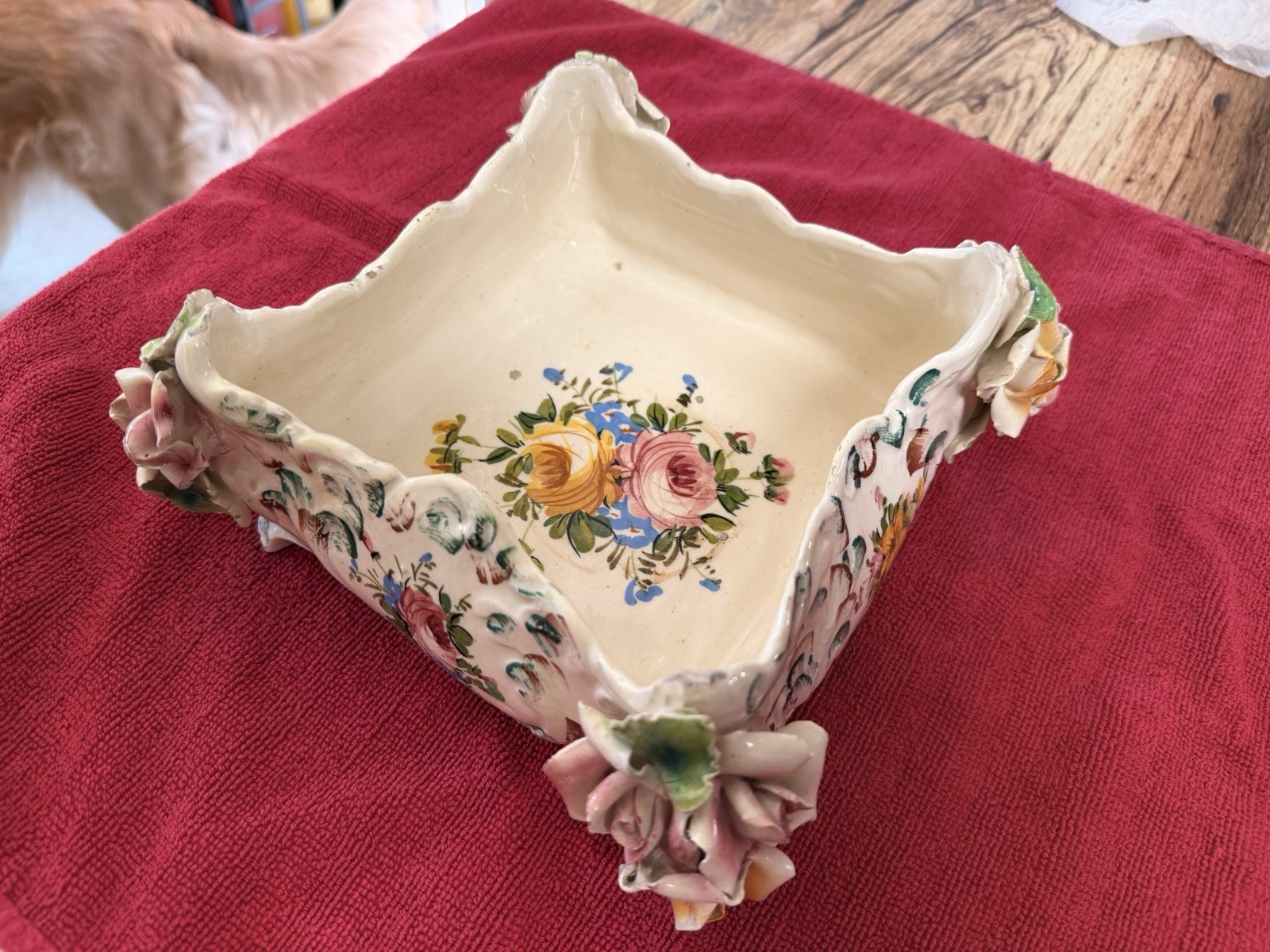 Vintage Capodimonte Italy Porcelain Bowl Applied Roses Hand Painted AS IS