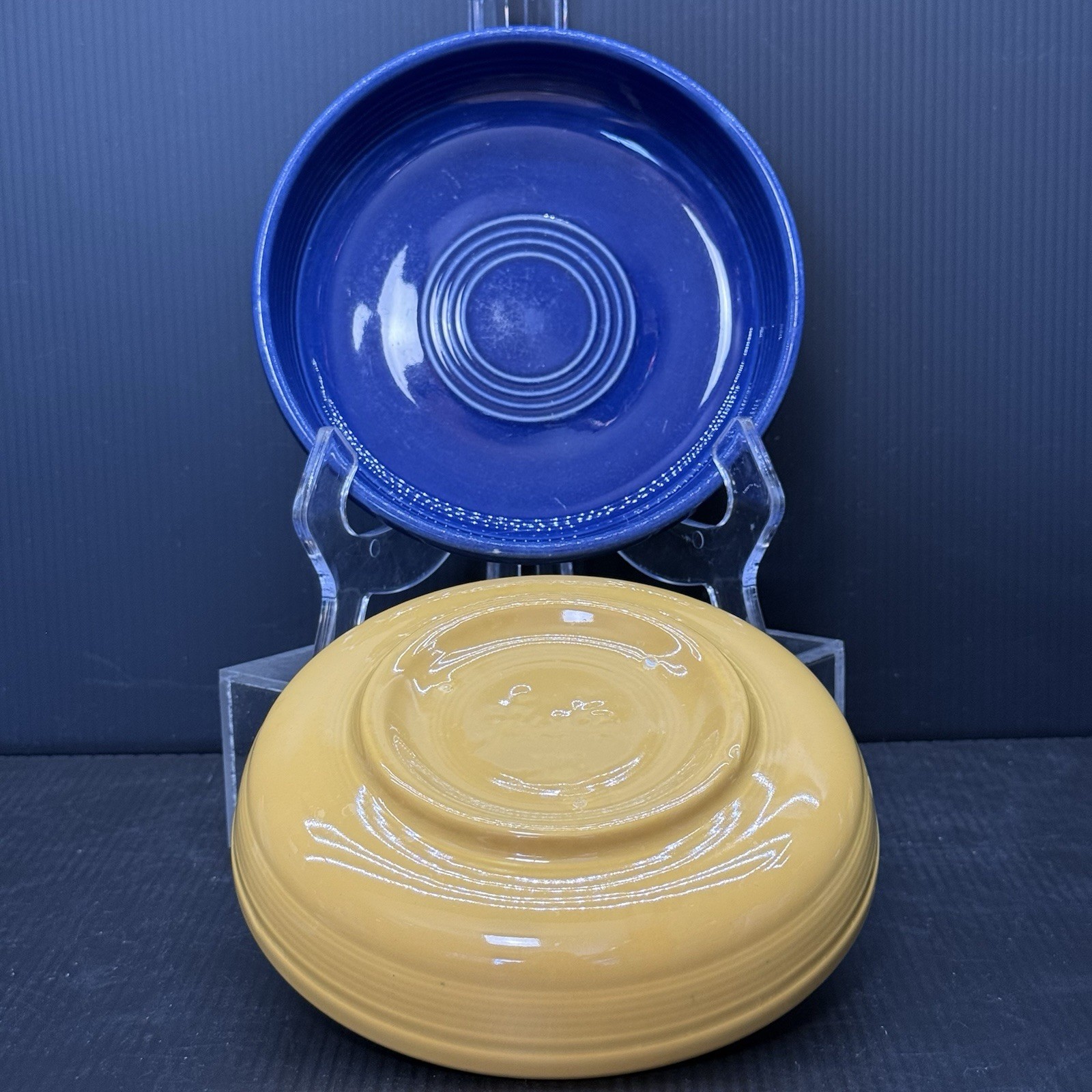Vintage Fiesta Dessert Bowls Original Cobalt Blue & Yellow Wet Foot HLC 6 1/4”