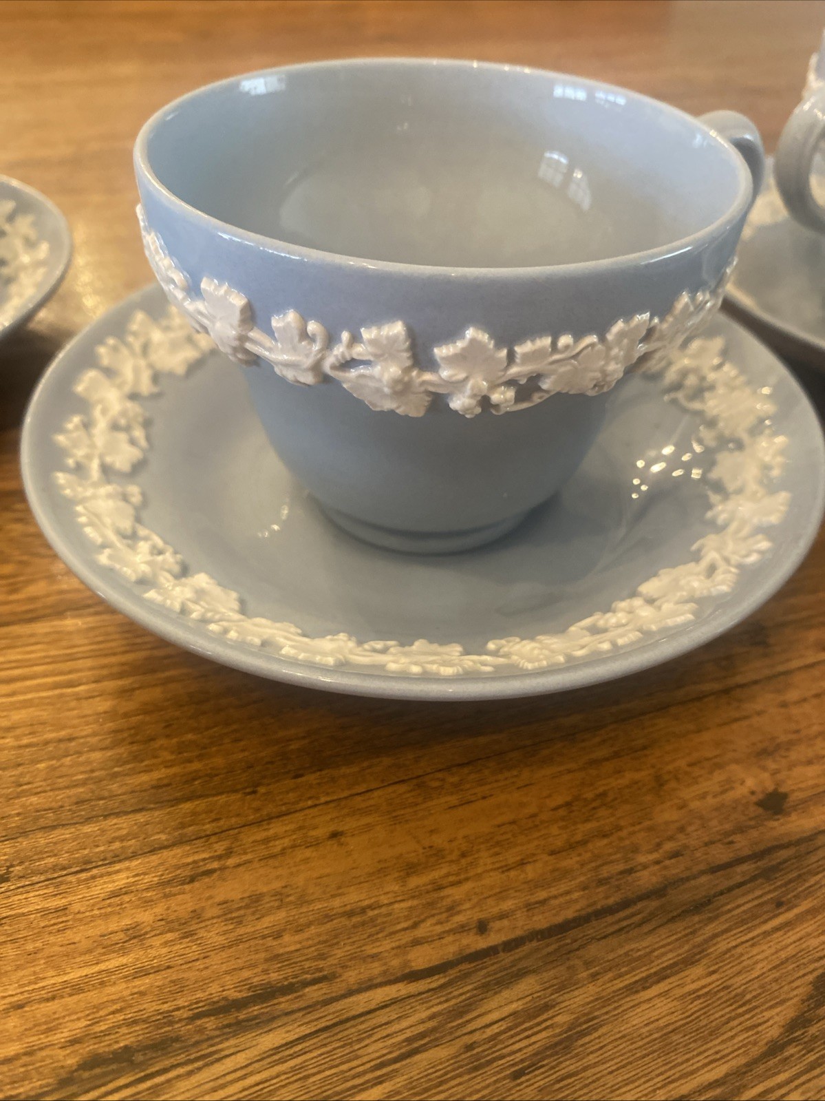 Wedgewood Blue Jasperware Set Of 5 Cup Saucer Sets Queens Ware Vintage