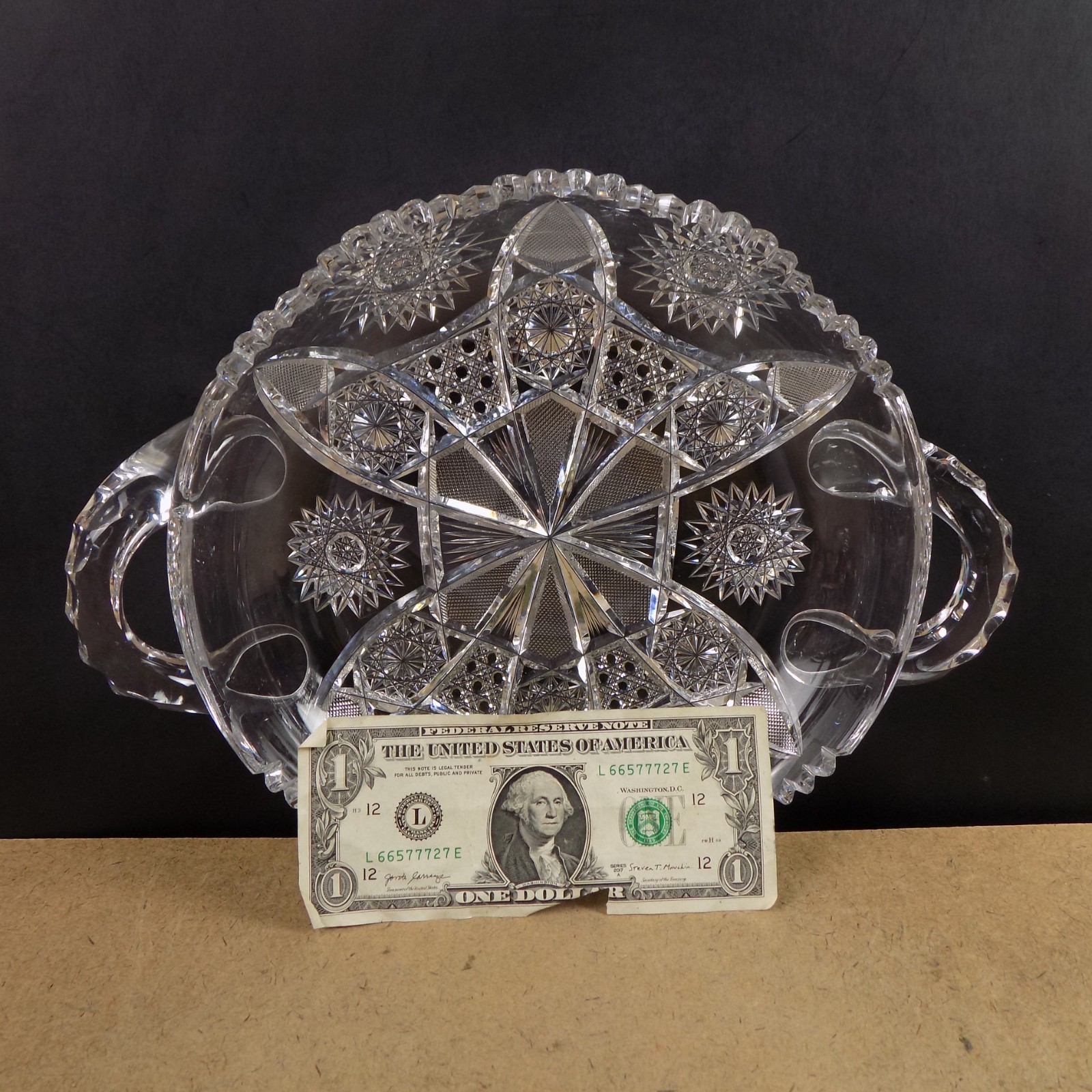 Antique American Brilliant Cut Glass Handled Low Bowl VGC 11″ Across