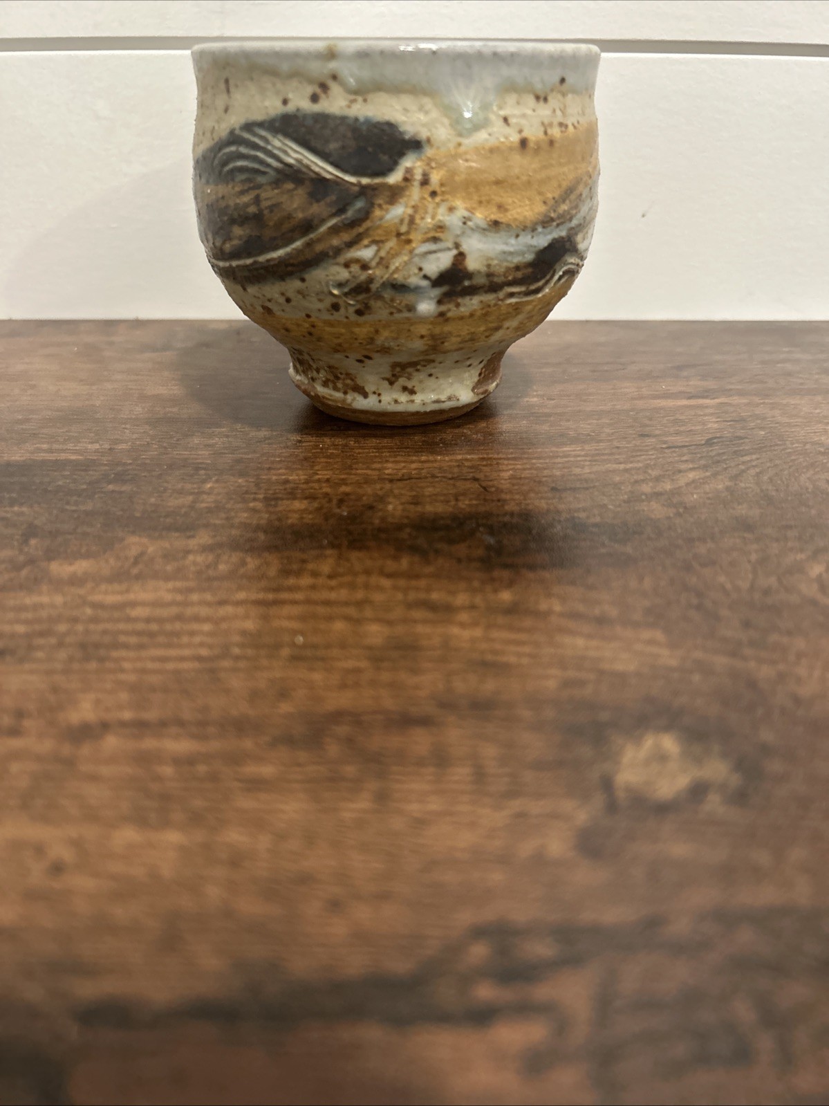 Pottery Tea Tea Bowl/Cup Signed Etched Abstract Blue, Gray, Brown, Tan