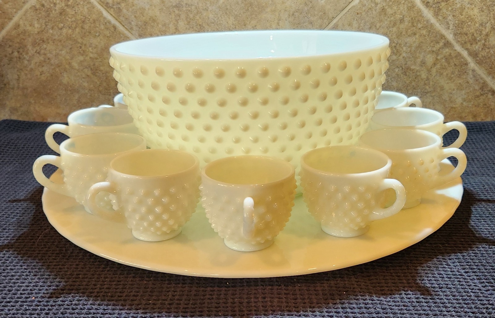 Vintage Fenton Hobnail Milk Glass Punch Bowl Set 9 Cups~
