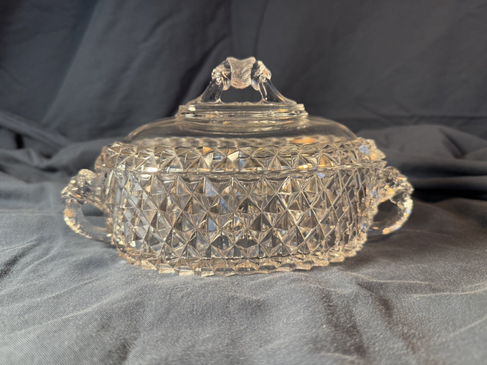 EAPG small serving dish w/lid. Lion handles. Bryce Bros. AMAZON pattern. c. 1890