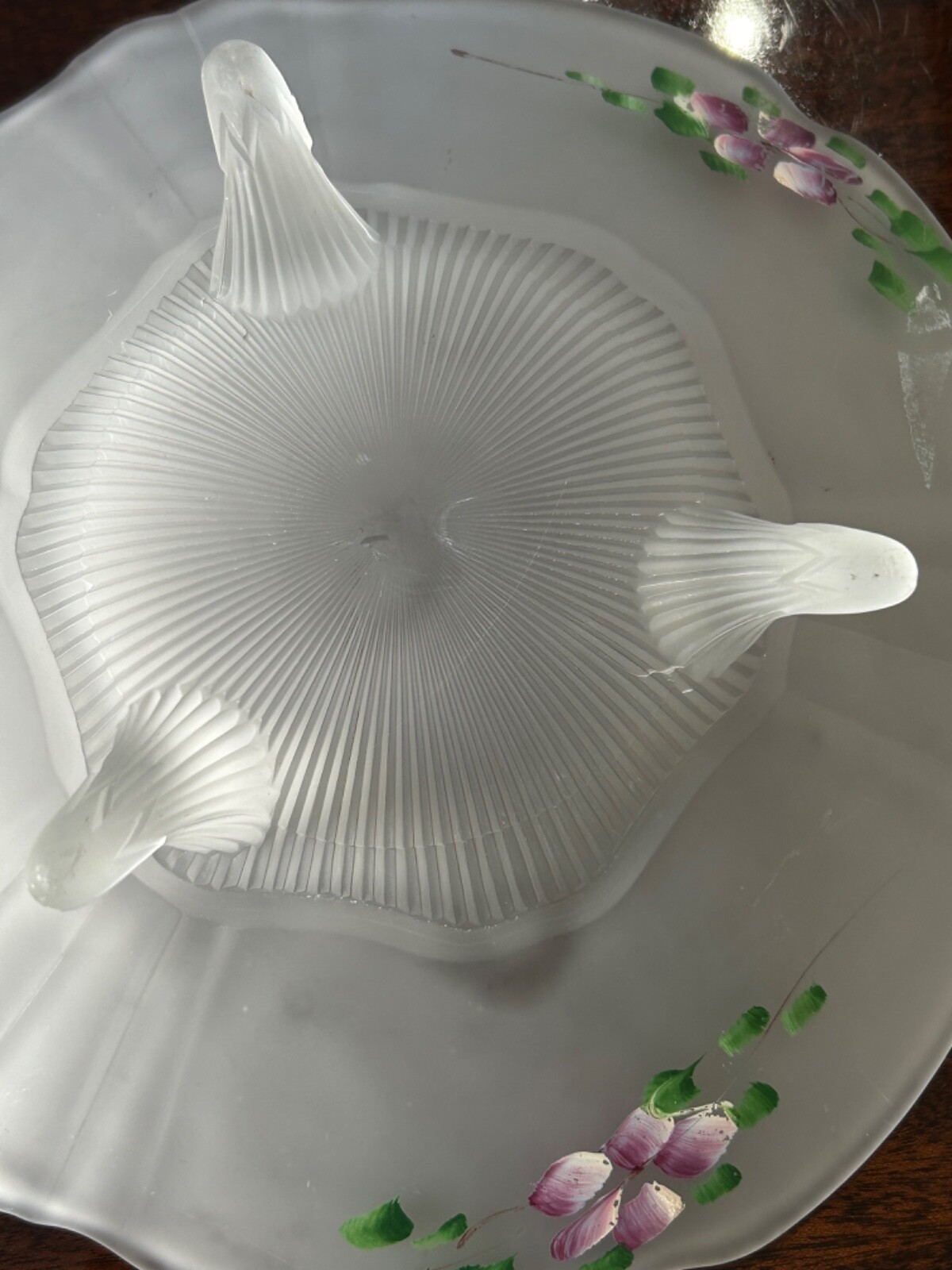 Vintage Lancaster Glass Hand Painted 3 Toed Frosted Bowl 10” Kay Fruit Bowl