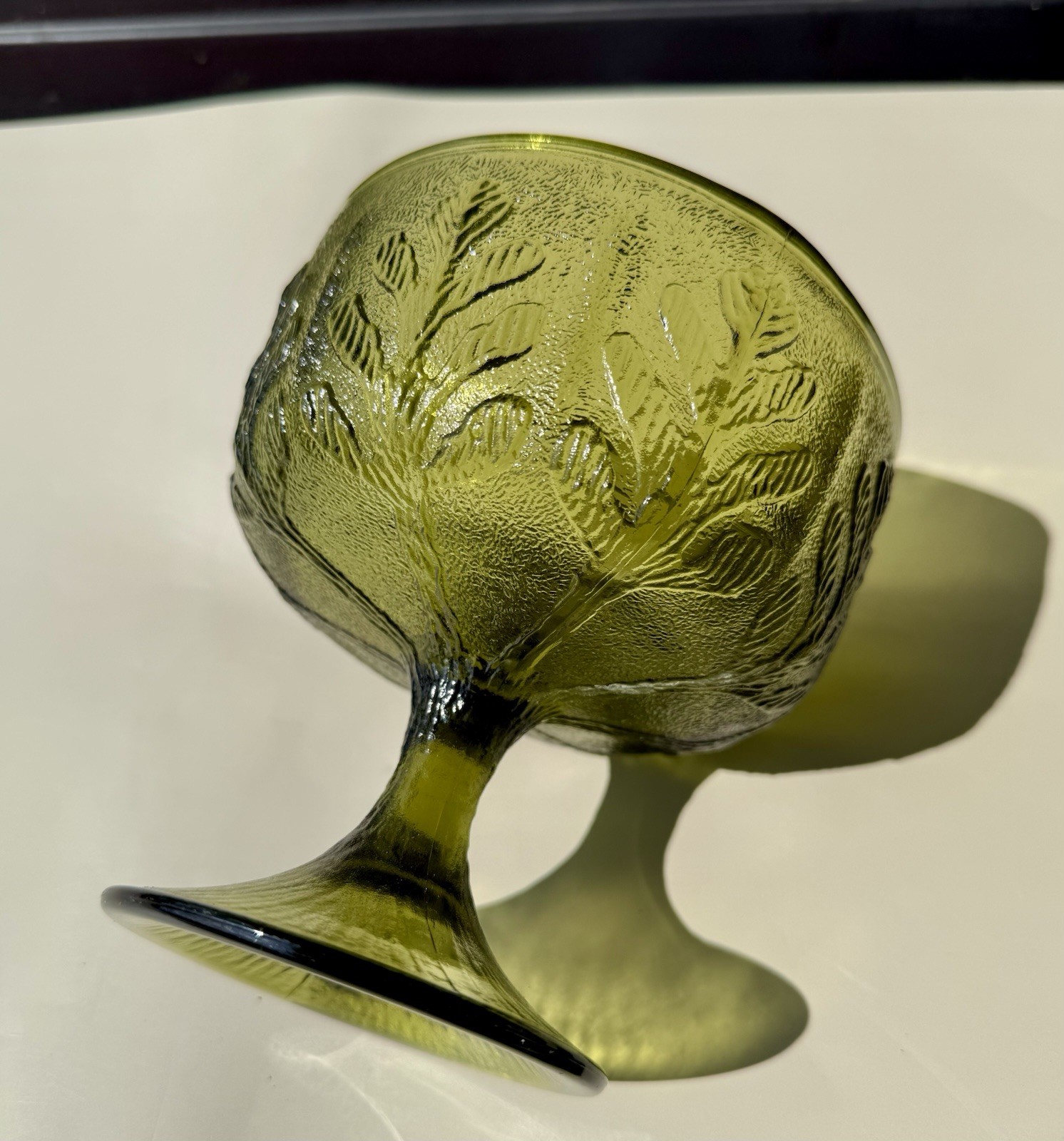 Vintage FTD Green Pressed Glass Pedestal Compote Bowl Leaf Pattern Round
