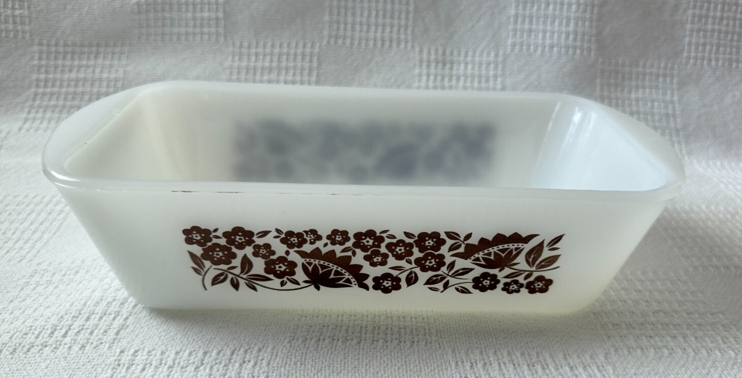 Vintage White Glasbake Baking Dish Loaf Pan J-522 Brown Floral Pattern 1.5 QT