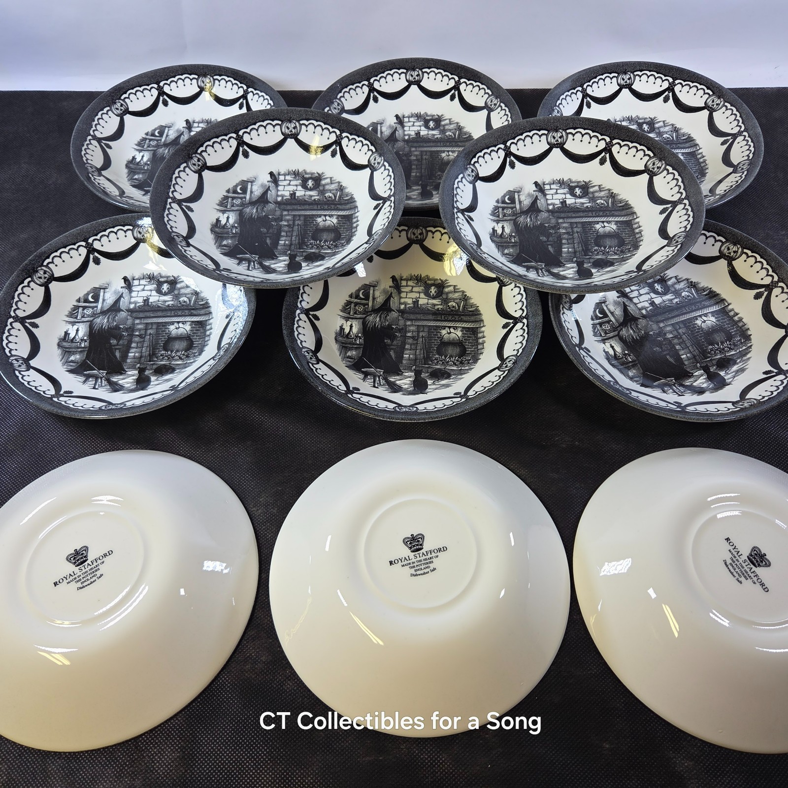 New Set 12 Royal Stafford Haunted Home Cereal Bowls 7 1/2″ Black & White in Box