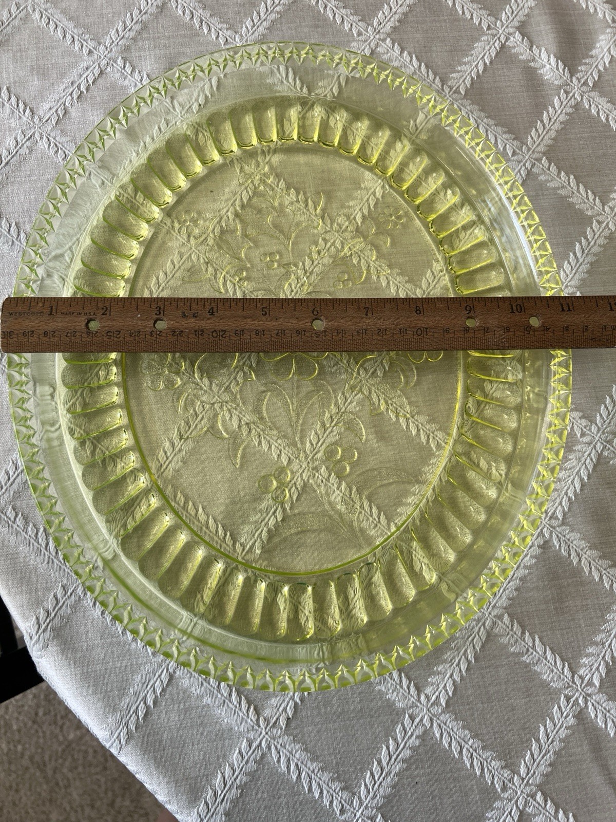 EPAG Adams & Co Vaseline Glass Oval Platter. Wildflower Pattern.