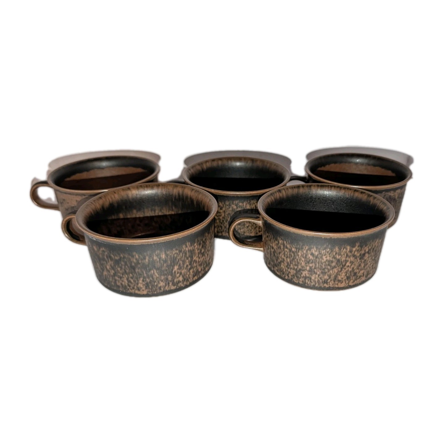 x5 Vtg Arabia Finland RUSKA Cups Brown Flat Drum Mugs Stoneware Mug Cup 4×2⅛” A+