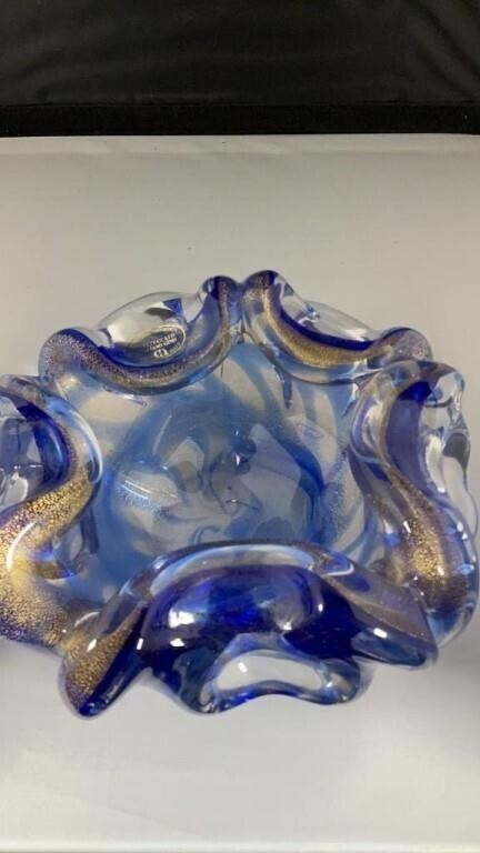 Vintage Lavorazione Arte Murano Blue Gold Aventurine Glass Bowl Label Italy