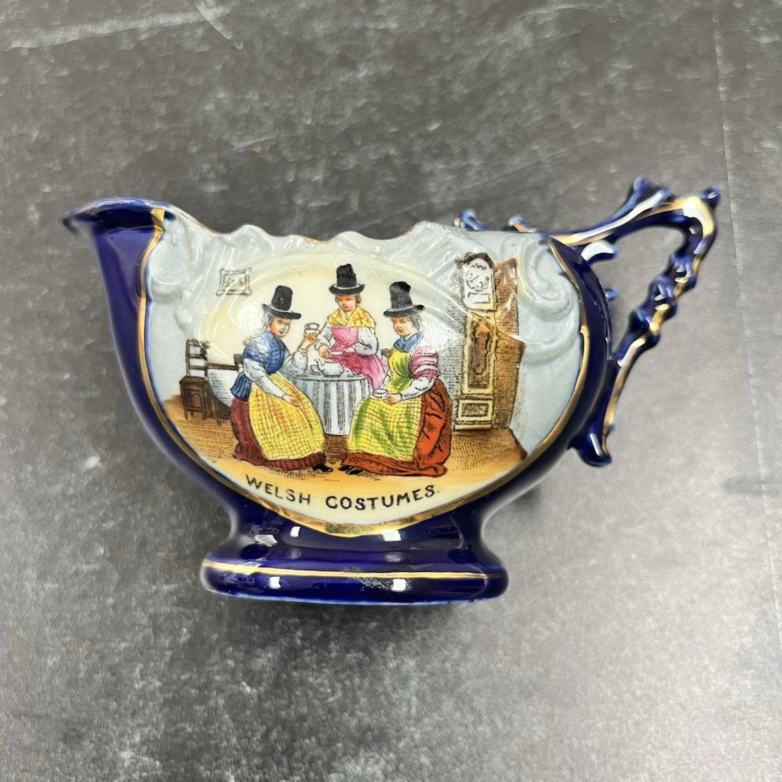 Vintage Cobalt Blue Ceramic Creamer with Welsh Costumes Transferware