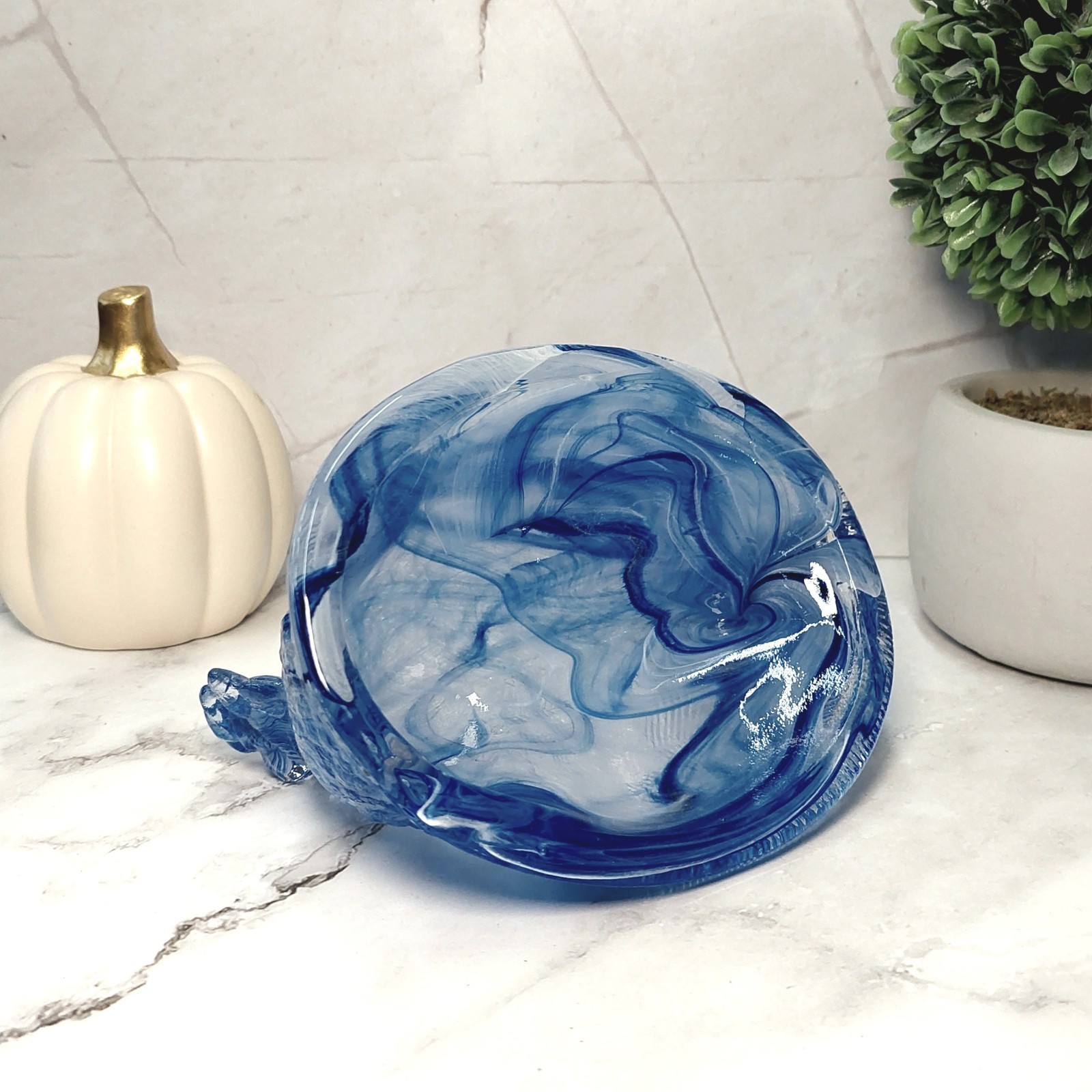 Hen on Nest Chicken Blue Cream Swirl Glass Depression Style Candy Dish, Vintage