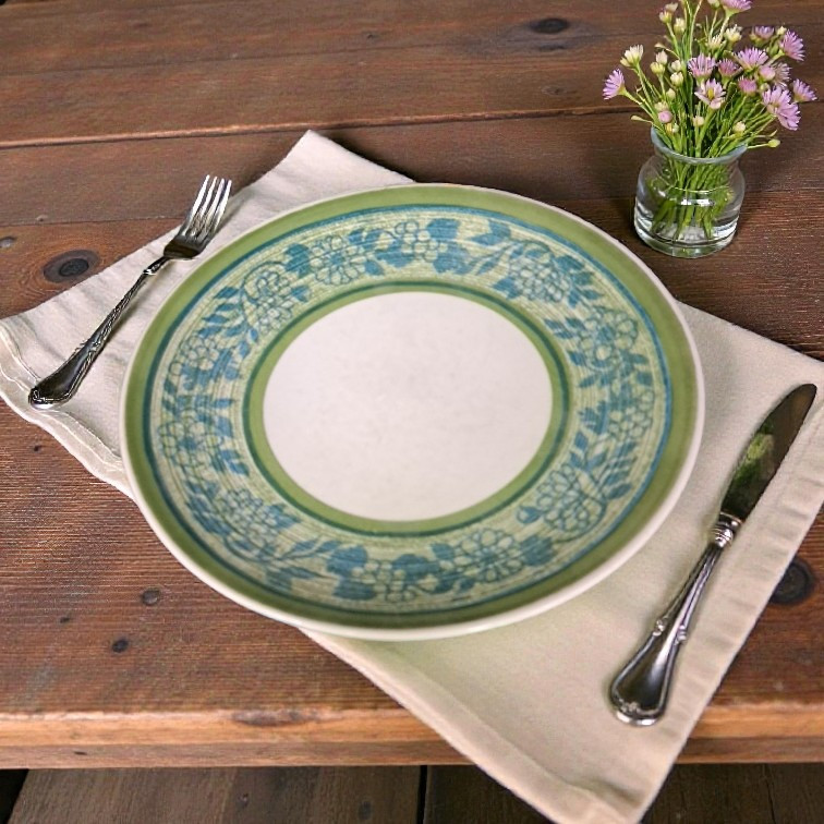 Royal China Clear Day Ironstone Dinner Plate Vintage MCM Blue Green Floral USA