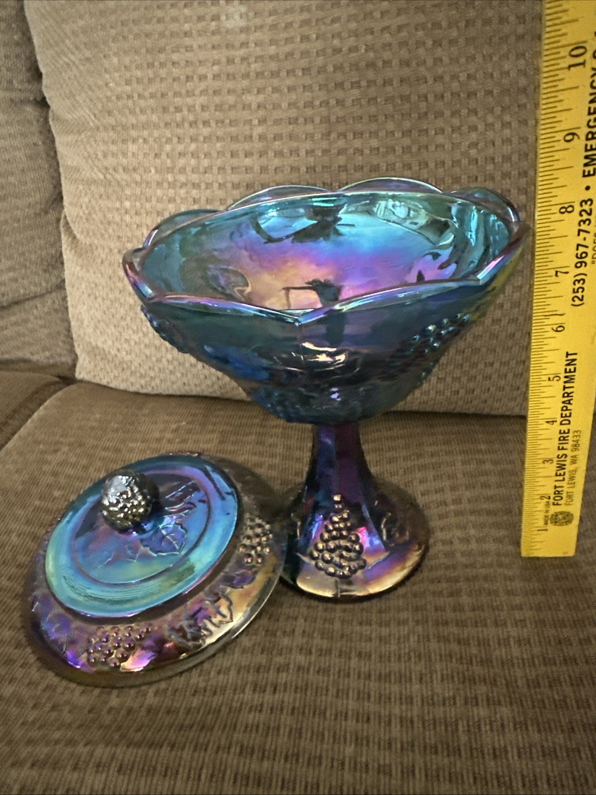 Vintage Iridescent Blue Carnival Glass Pedestal Bowl with Lid 11” Ht