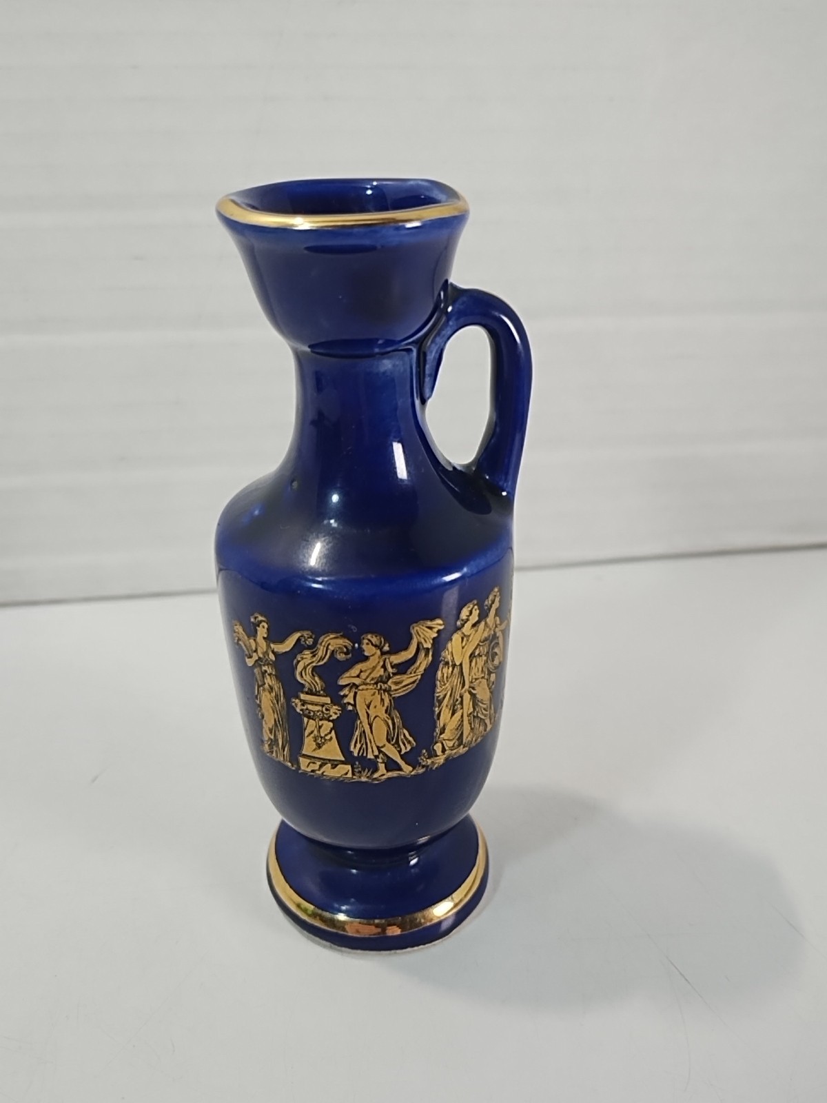 LIMOGES Porcelain Miniature Vase Greek Style Blue/ Gold 4.25” Pitcher w/ Handle