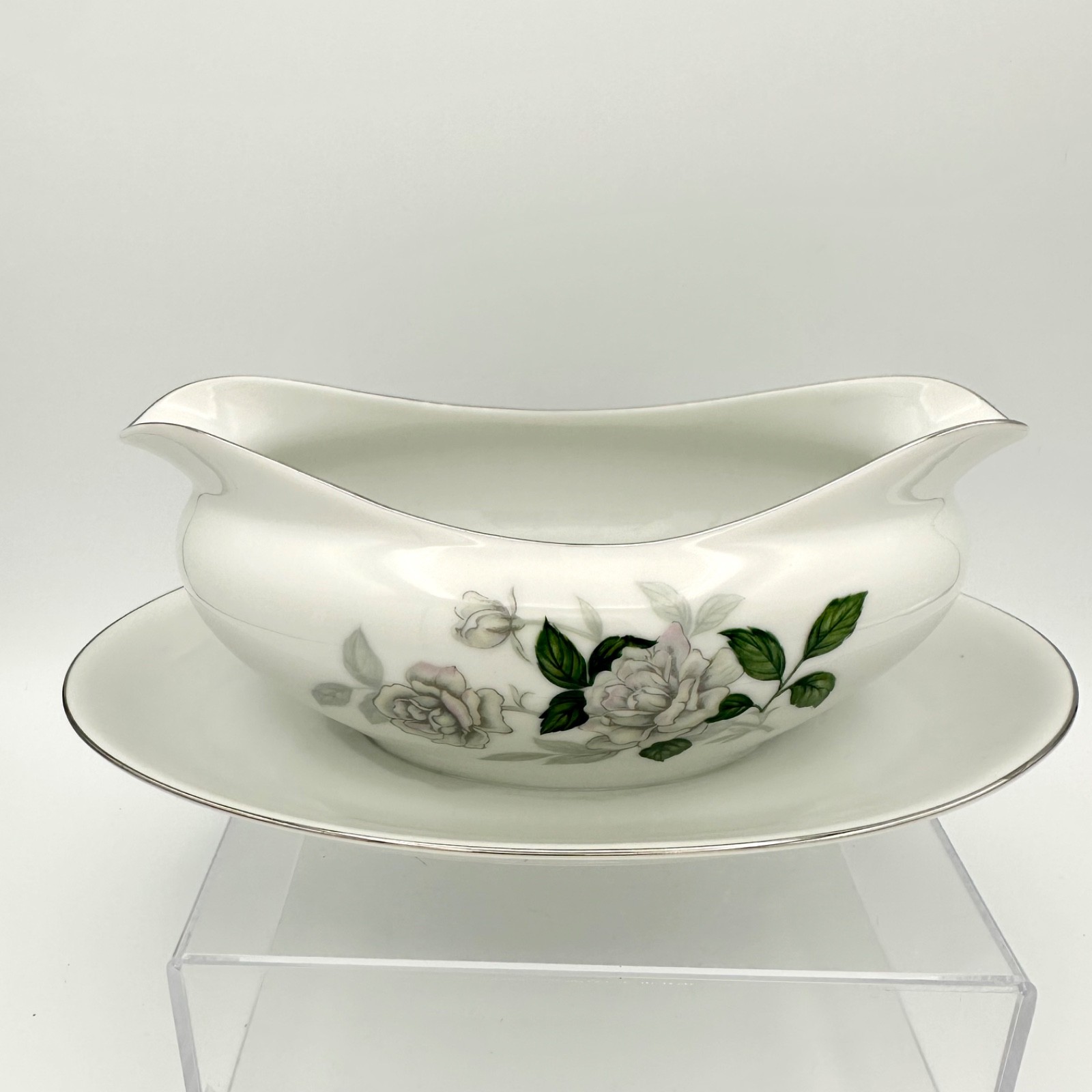 Sone China GRAY PEARL PLATINUM TRIM Gravy Boat Att. Underplate Roses #1873 Japan