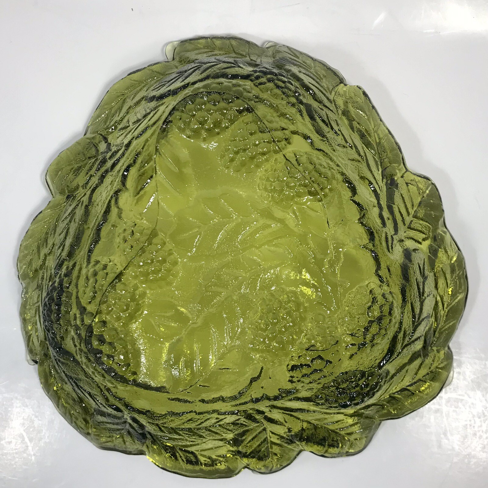 Indiana Glass Bowl Loganberry Green Candy Bon Bon Berries Leaves Dish 7” Vtg S7