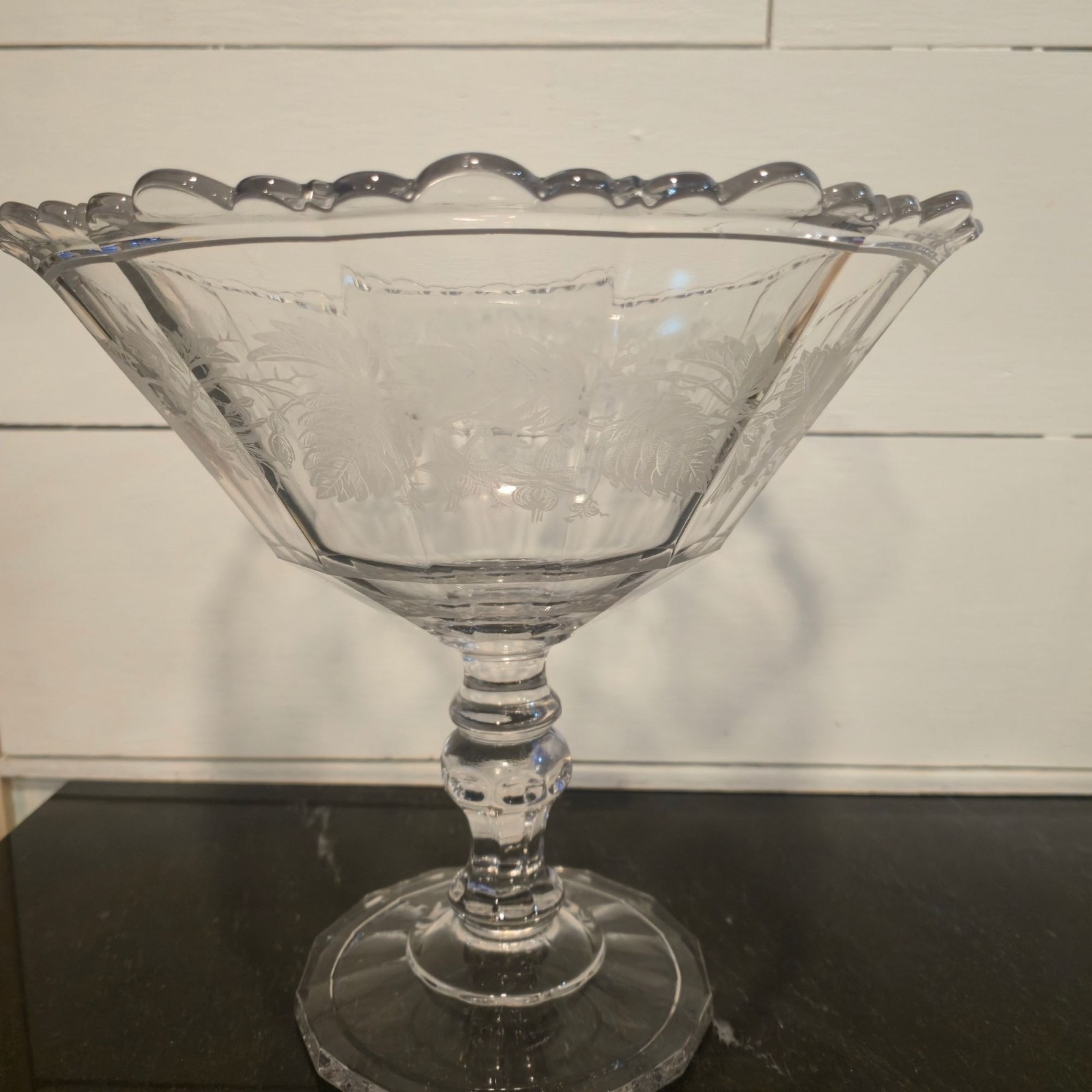 Antique Etched Glass Pedestal Compote Scalloped Rim Elegant Glass Bowl leaves