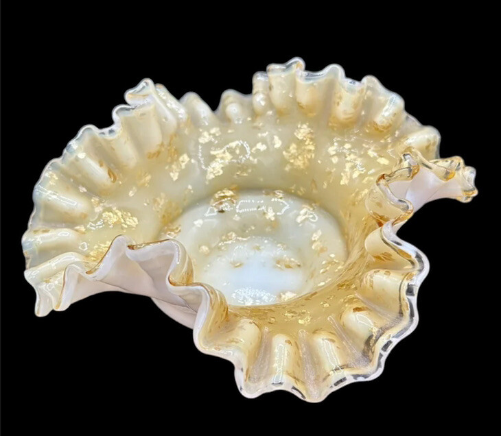 Vintage Ruffled Milk Glass Cased Dish Gold Fleck Opaline Mid Century Vanity Bowl