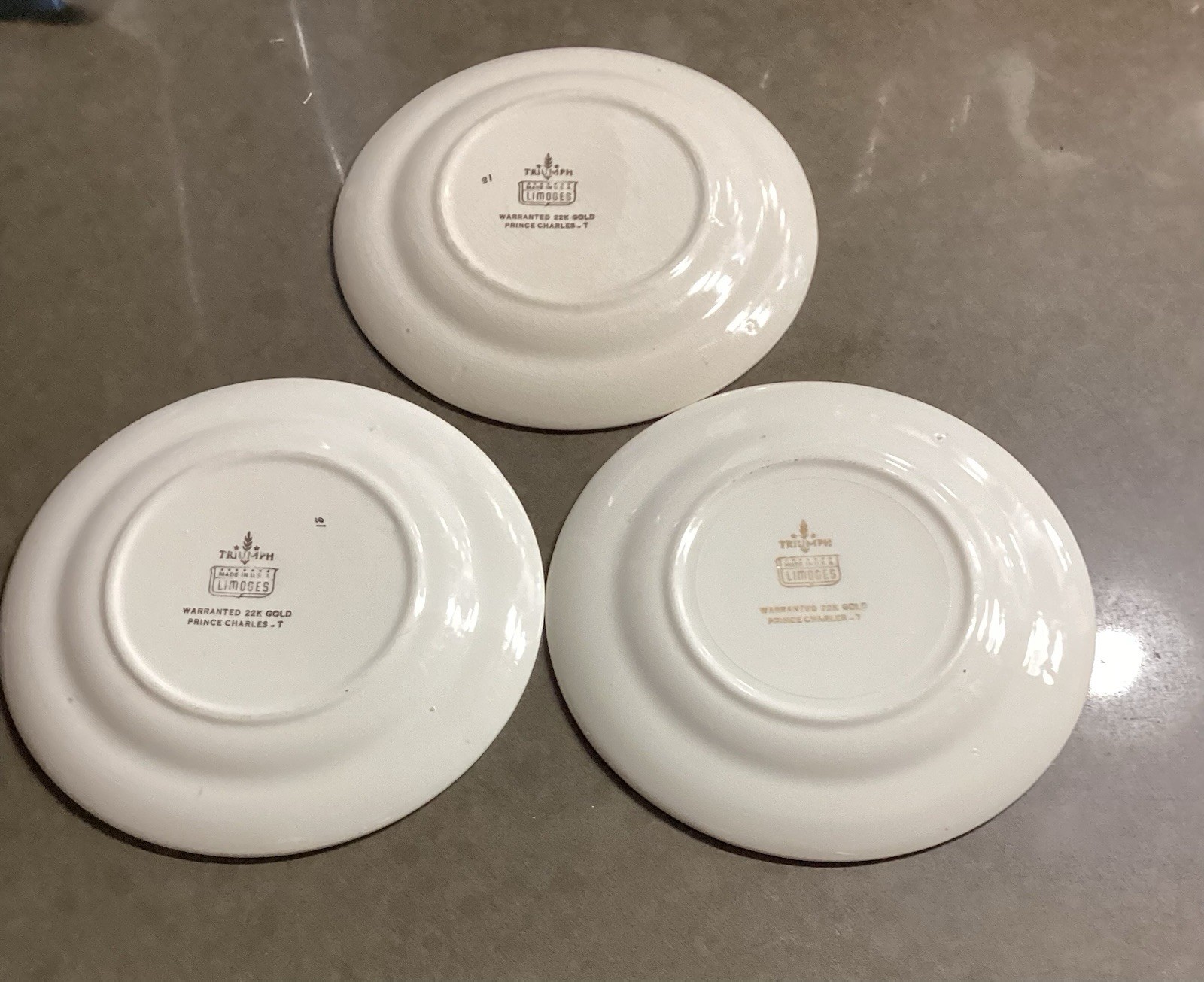 Vintage Prince Charles by Limoges Triumph 22k gold 3 Bread and Butter Plates